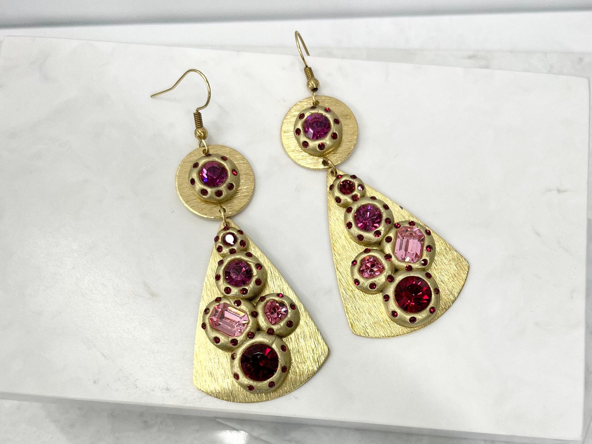 Handmade Statement Pink & Red Swarovski Crystal Brass Earrings Contemporary Design with Hook Ear Wires TheGreenGlassGemShop