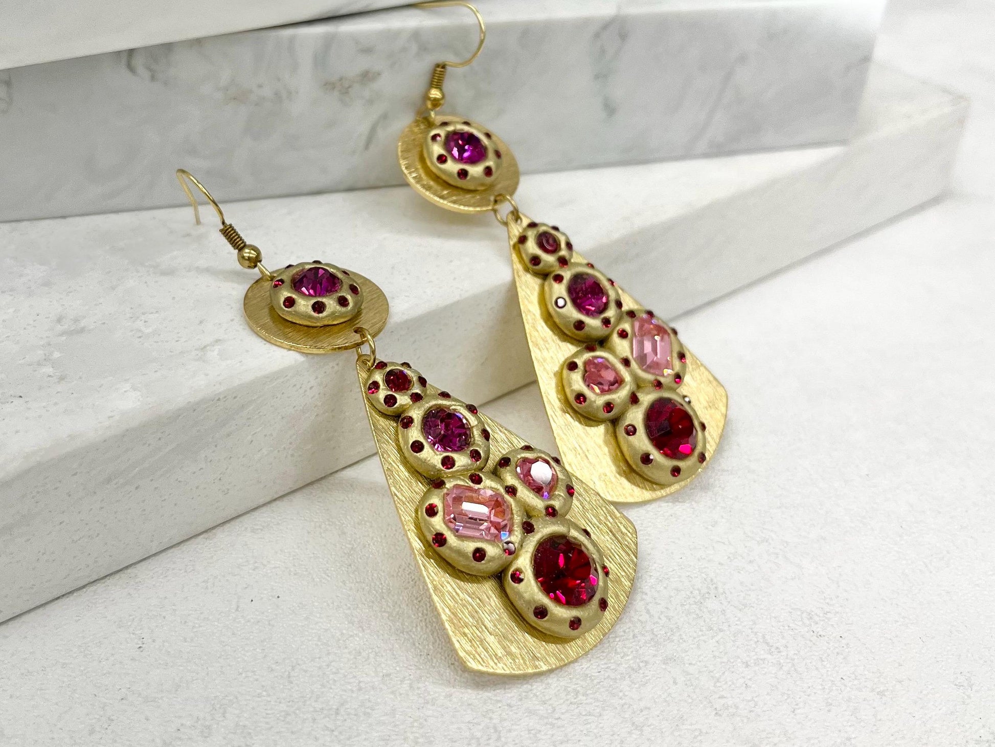 Handmade Statement Pink & Red Swarovski Crystal Brass Earrings Contemporary Design with Hook Ear Wires TheGreenGlassGemShop