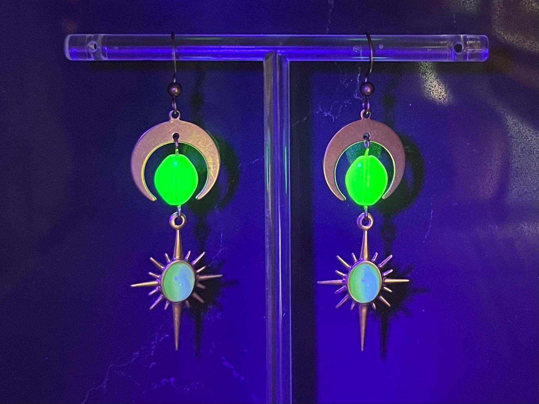 Handmade Long Yellow Uranium Glass Bead Drop Moon & Sun Earrings UV Reactive Glow with Vintage Czech Beads TheGreenGlassGemShop