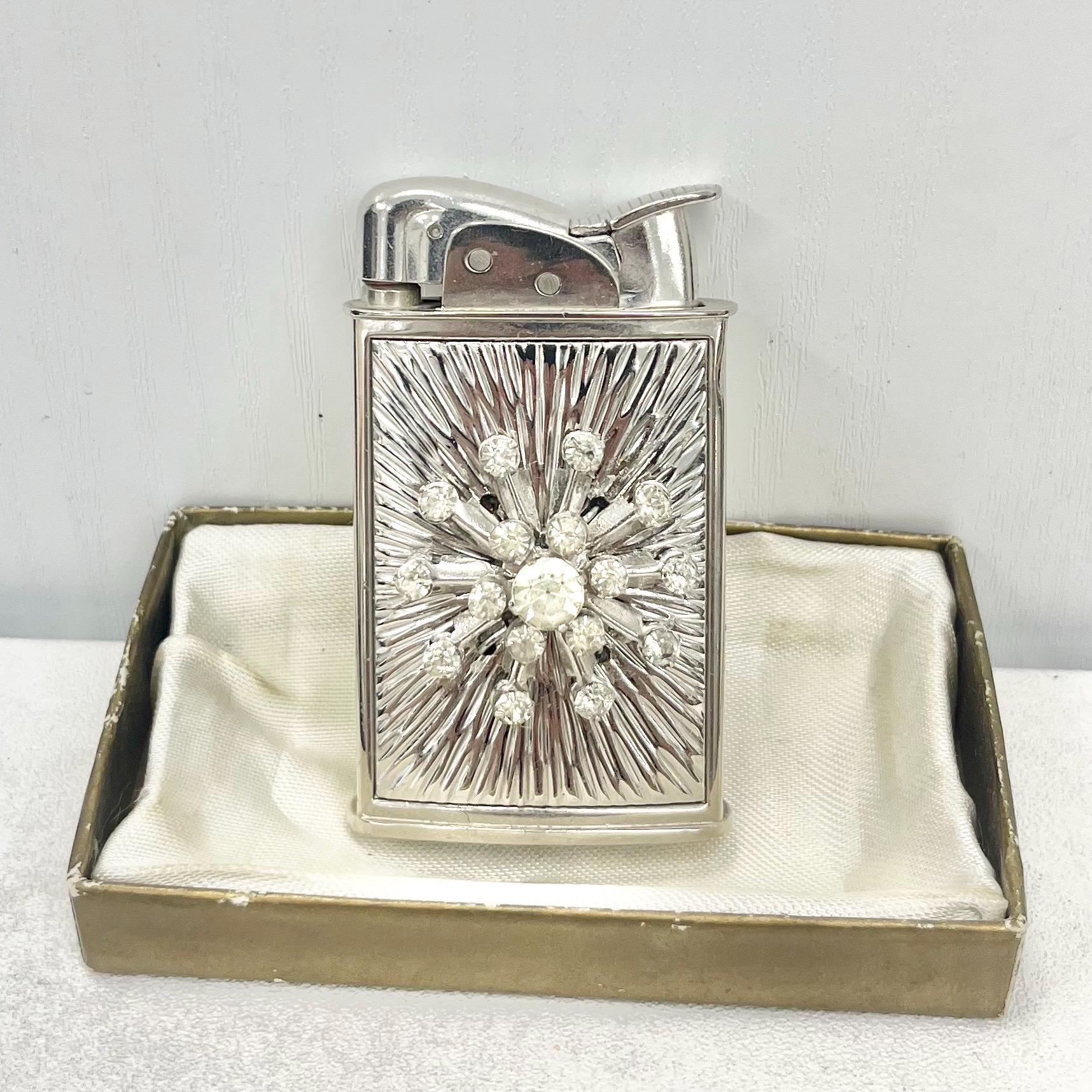 Vintage 1950’s 1960’s Evans Starburst Chrome Plate Cigarette Lighter with Starburst Crystal Diamante Detail TheGreenGlassGemShop
