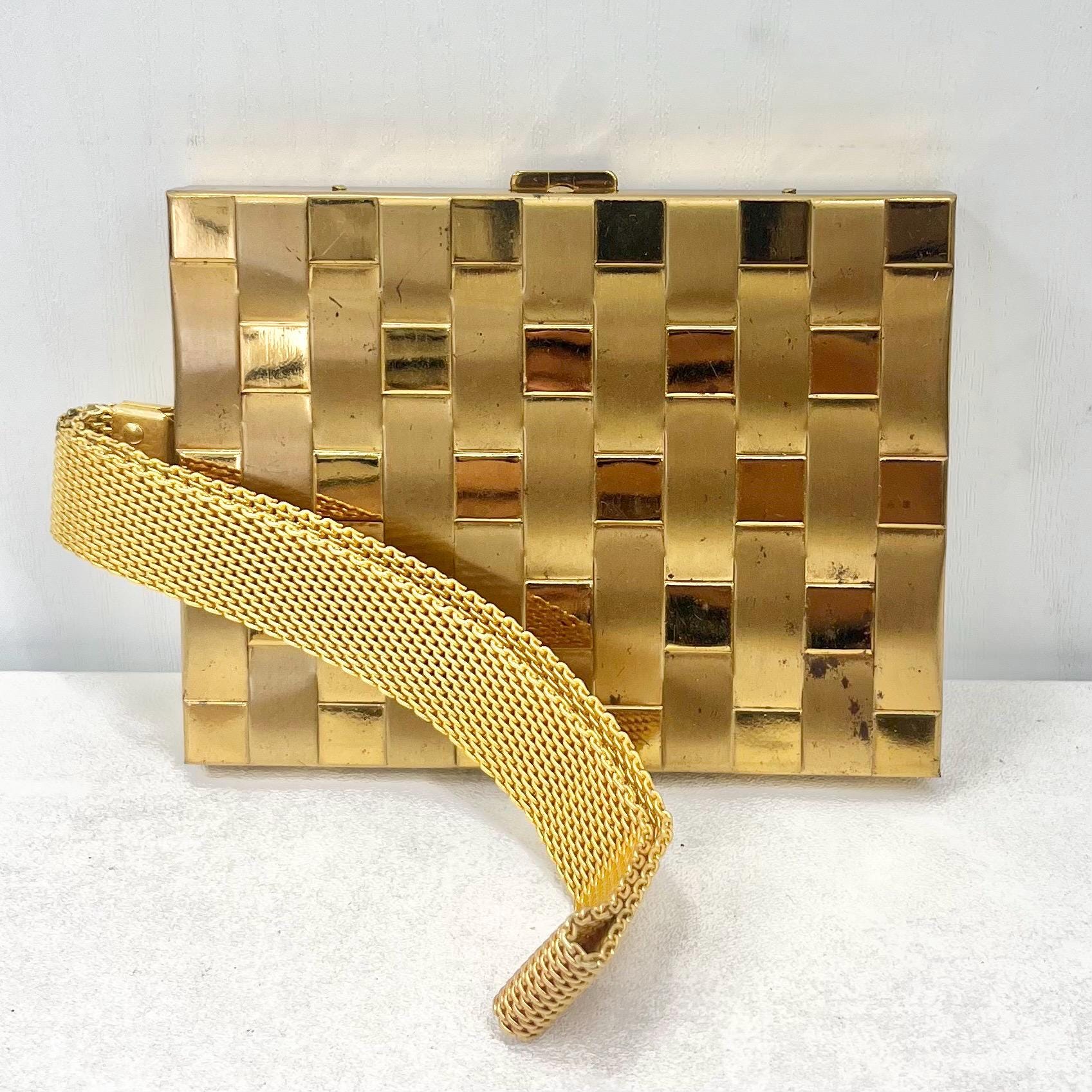 Vintage 1950’s 1960’s Gold Tone Basket Weave Compact Vanity Case with Mirror Powder Compact Comb Pouch & Handle TheGreenGlassGemShop
