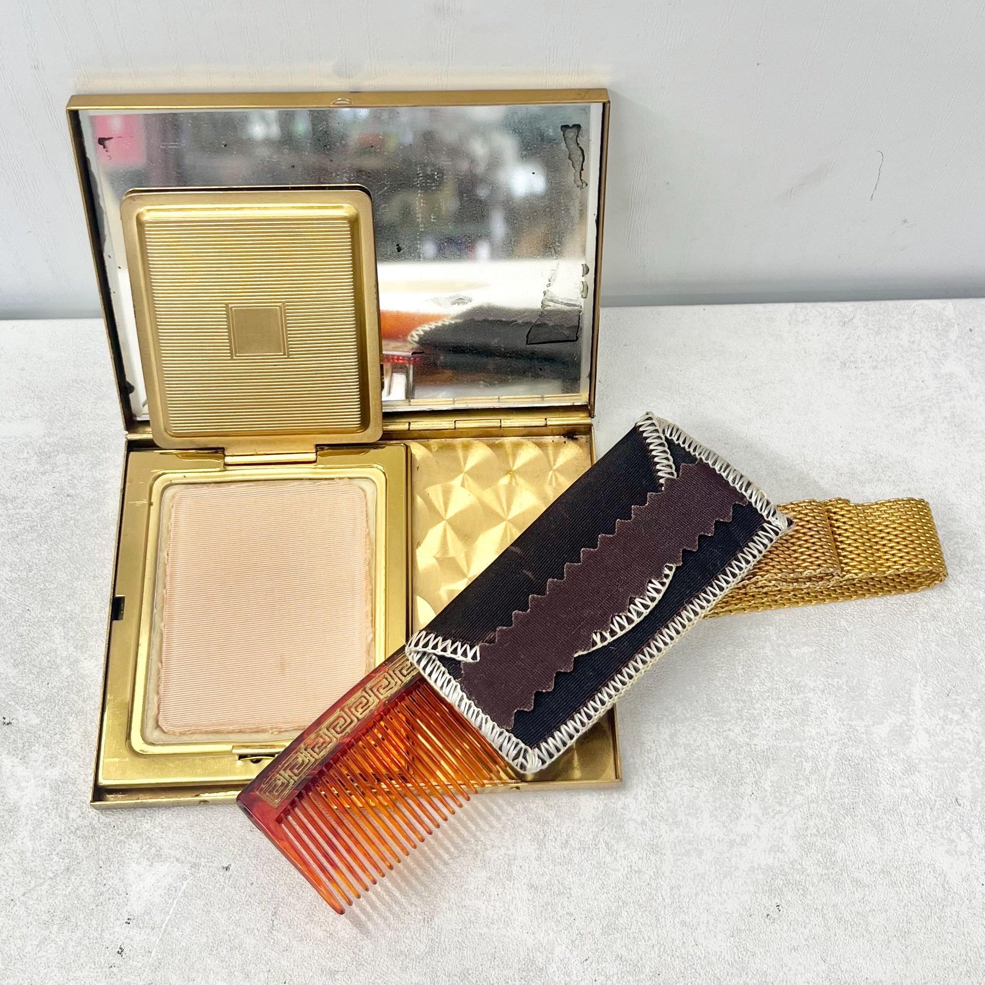 Vintage 1950’s 1960’s Gold Tone Basket Weave Compact Vanity Case with Mirror Powder Compact Comb Pouch & Handle TheGreenGlassGemShop