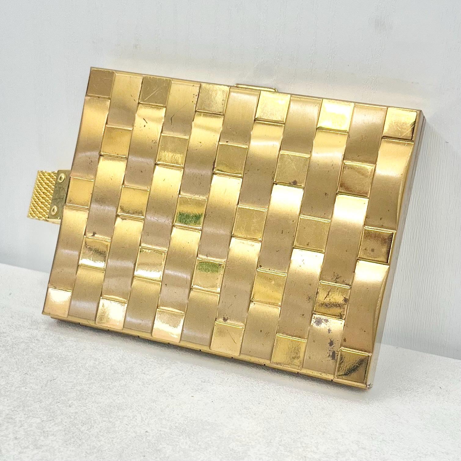 Vintage 1950’s 1960’s Gold Tone Basket Weave Compact Vanity Case with Mirror Powder Compact Comb Pouch & Handle TheGreenGlassGemShop