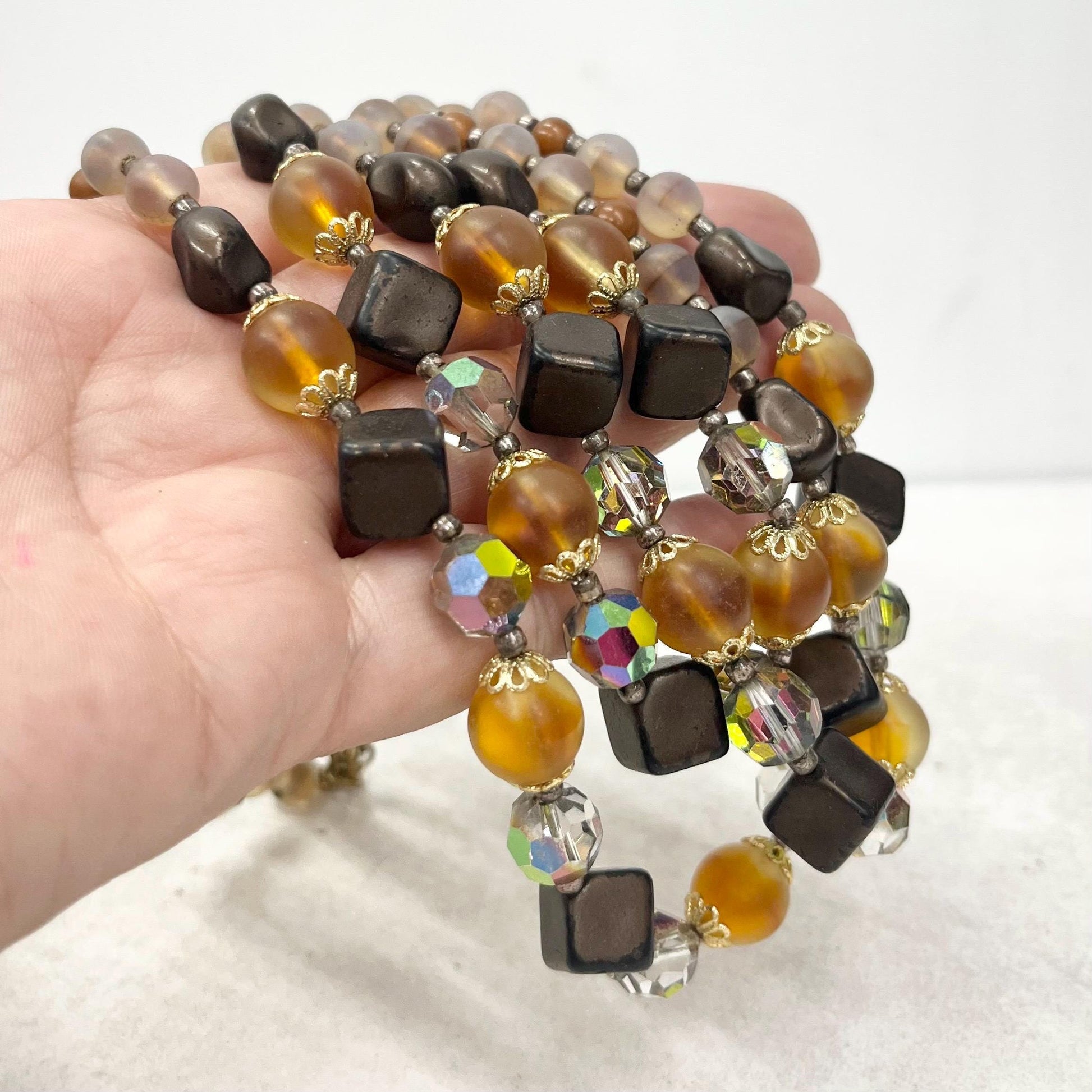 Vintage 1960’s Three Strand Czech Glass Bead and Crystal Necklace in Golden & Brown Tones Vintage Jewellery 14” Long with a 3” Extender MillyOliverVintage