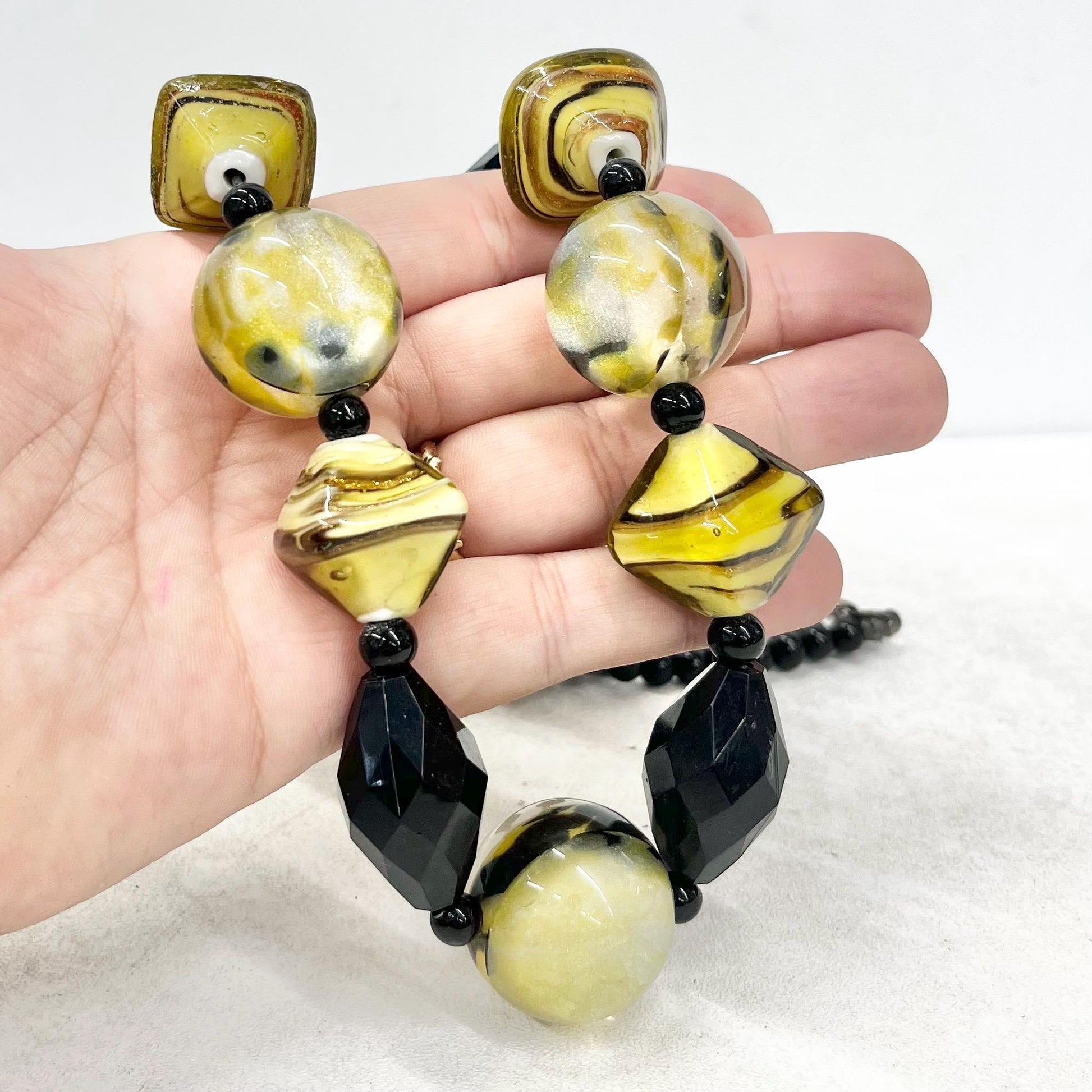Vintage Chunky Lampwork Glass and Lucite Bead Statement Necklace Black & Yellow Tones with Shimmers of Golden Glitter 24” Long MillyOliverVintage