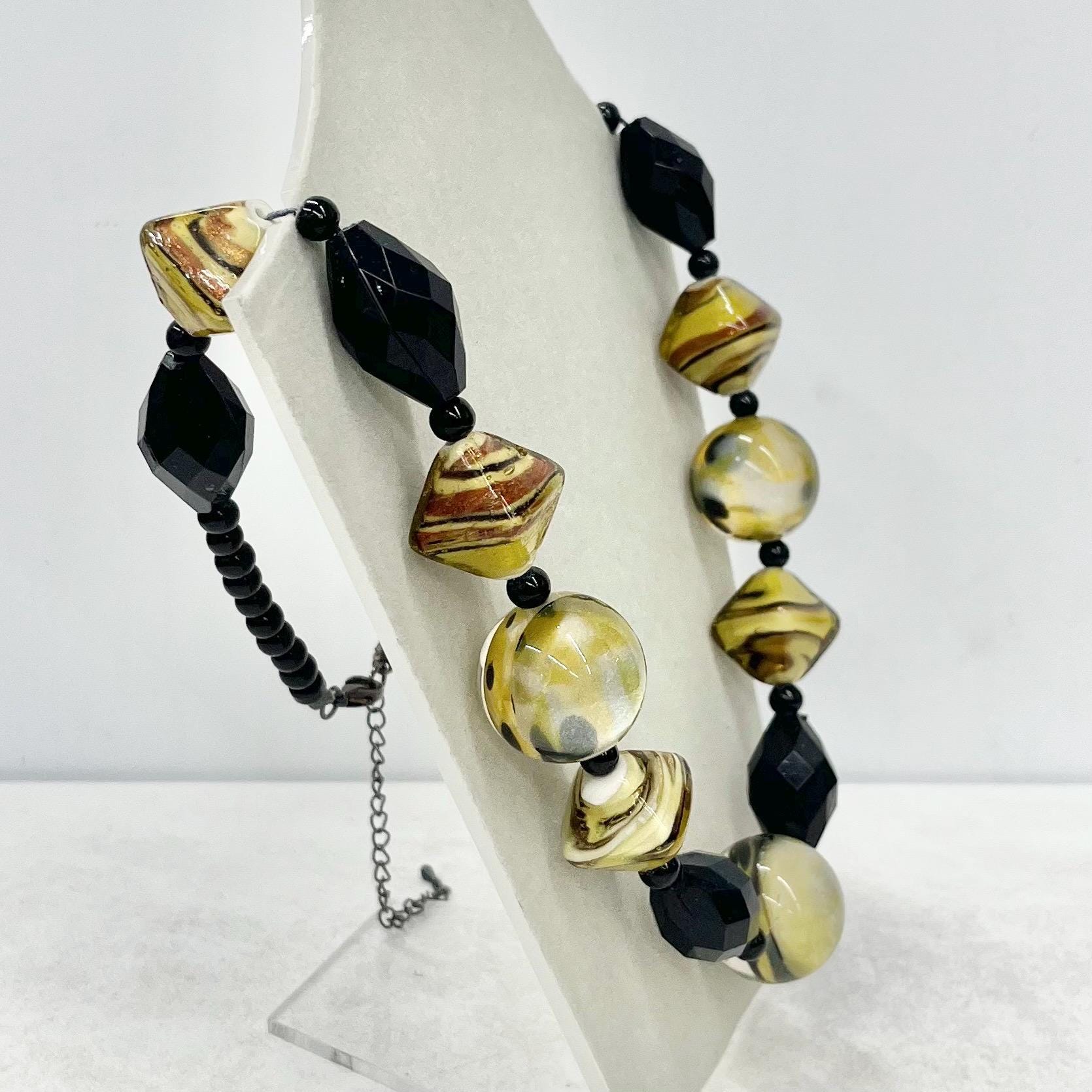 Vintage Chunky Lampwork Glass and Lucite Bead Statement Necklace Black & Yellow Tones with Shimmers of Golden Glitter 24” Long MillyOliverVintage
