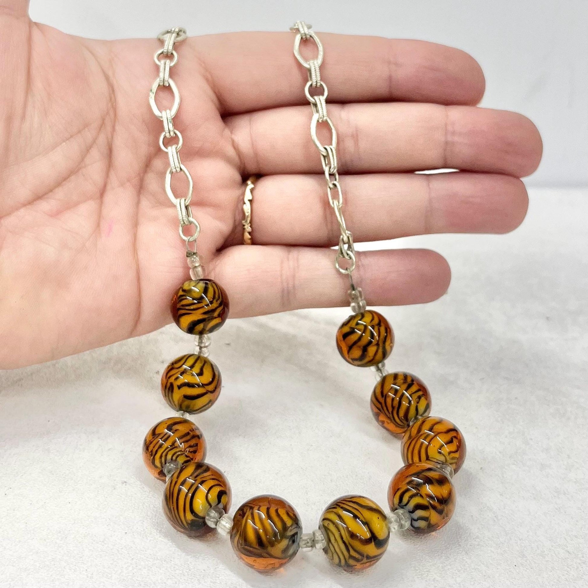 Vintage Tigers Stripe Lampwork Glass Bead Necklace Excellent Quality Beads Vintage Jewellery 20” Long and Adjustable MillyOliverVintage