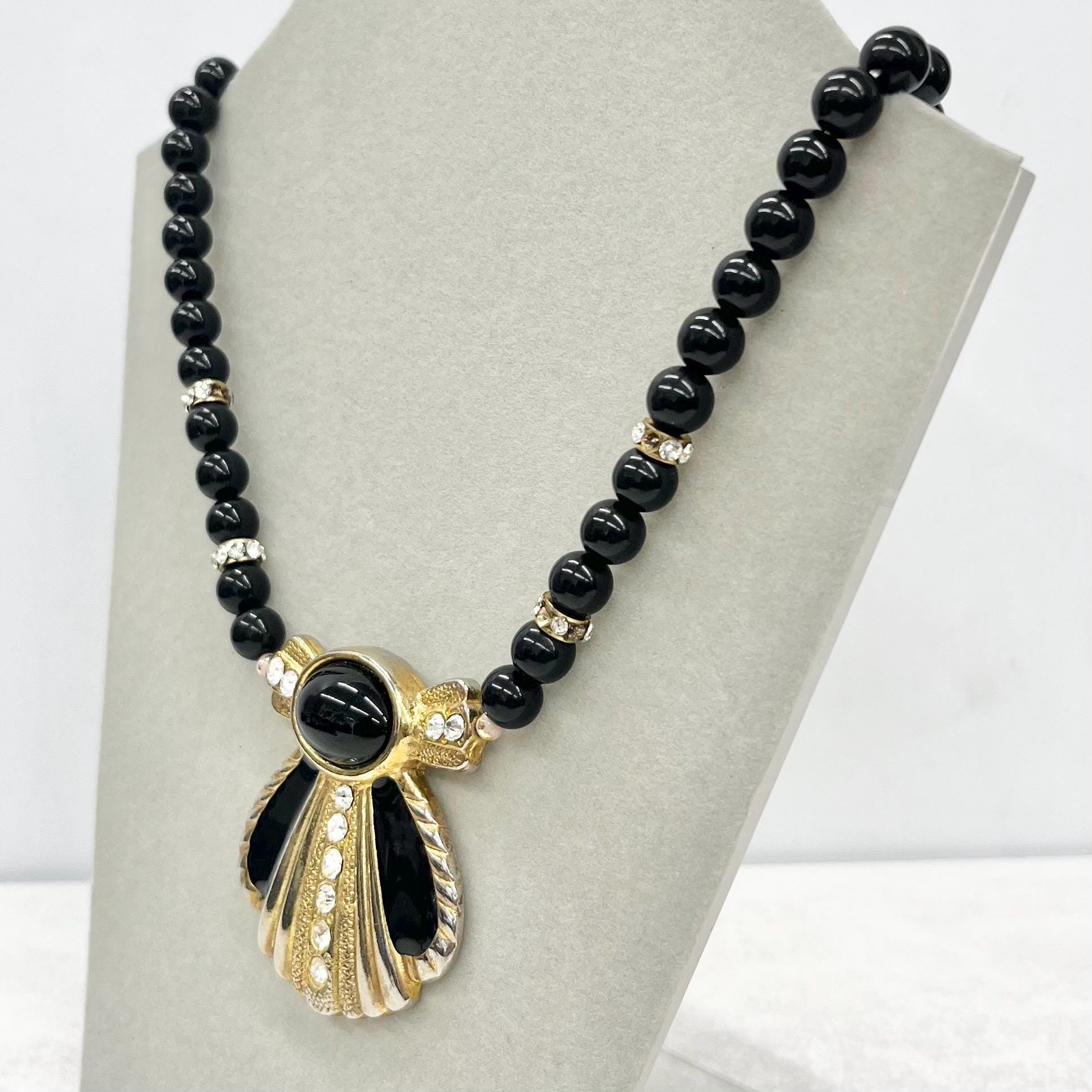 Vintage Black & Gold Glass Bead and Enamel Statement Necklace with Crystal Diamantés 18” Long MillyOliverVintage