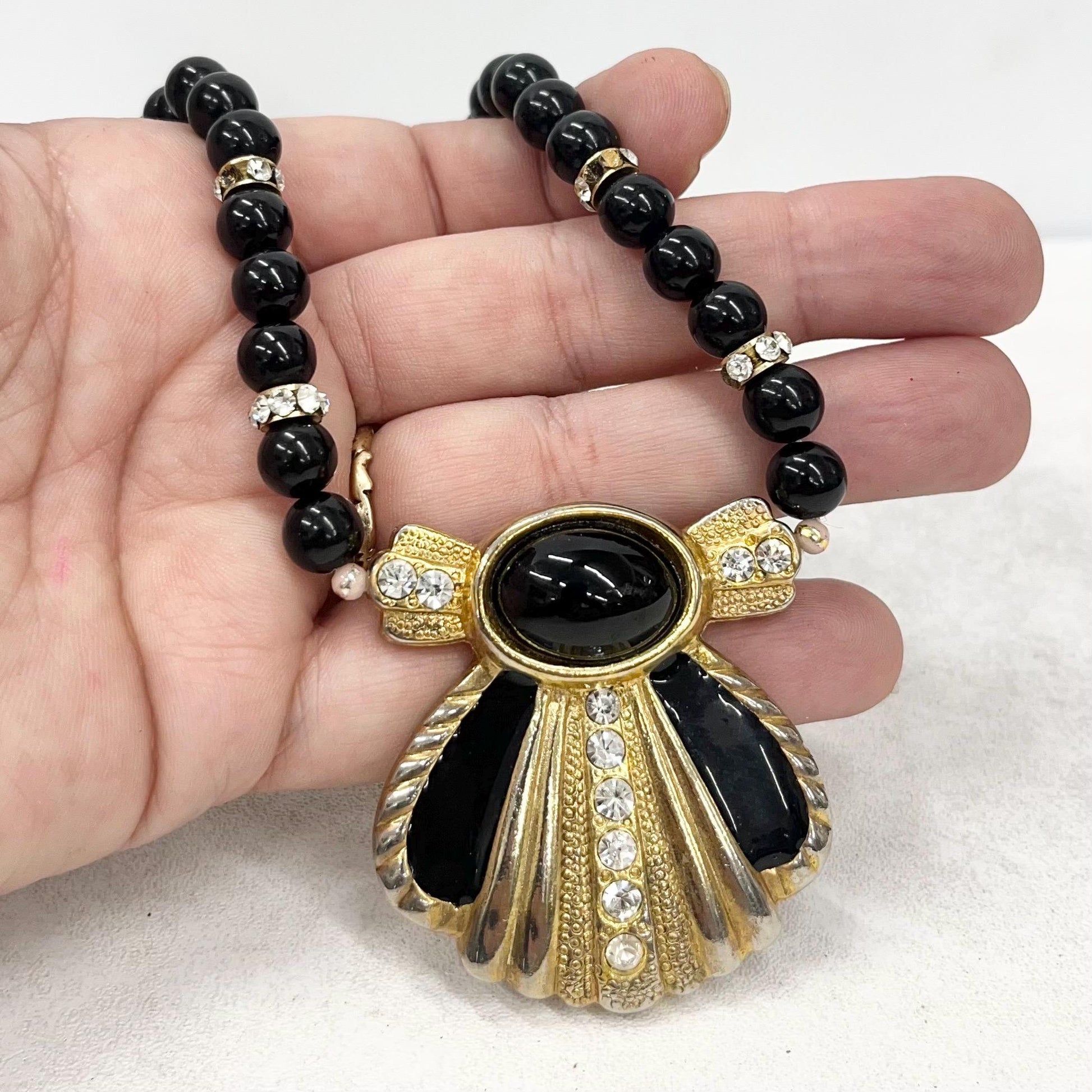 Vintage Black & Gold Glass Bead and Enamel Statement Necklace with Crystal Diamantés 18” Long MillyOliverVintage