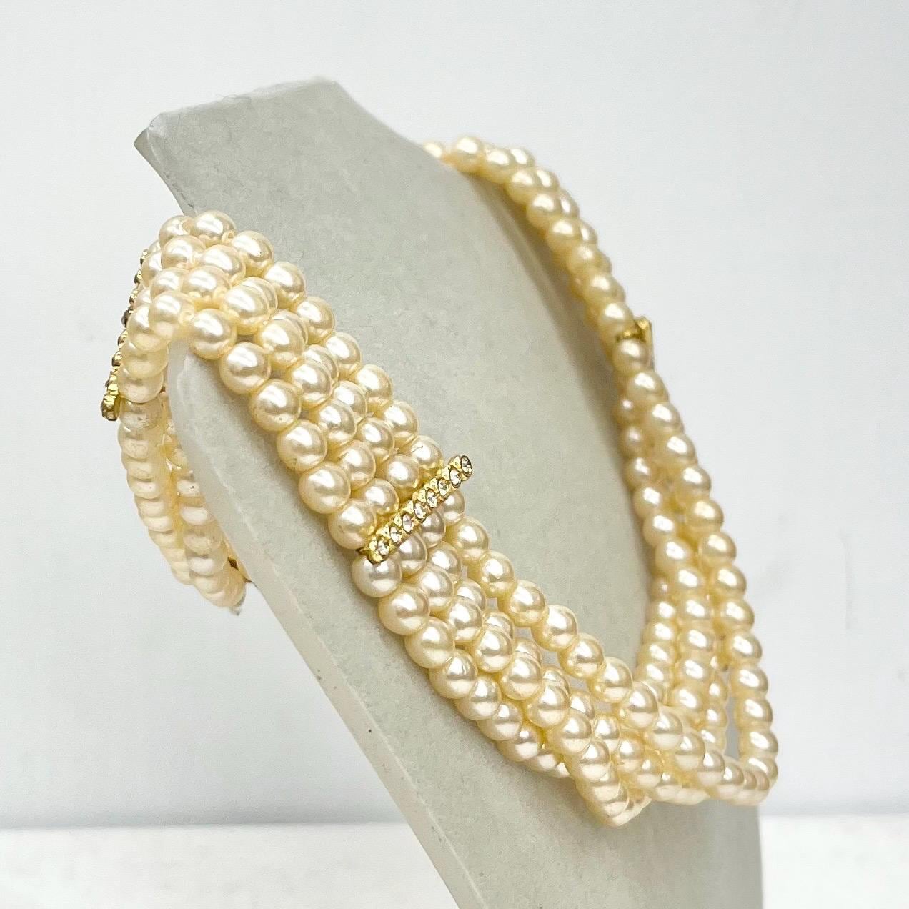 Vintage 1960’s Four Strand Glass Pearl Bead and Crystal Collar Choker Necklace with an Ornate Crystal Clasp 14” Long MillyOliverVintage
