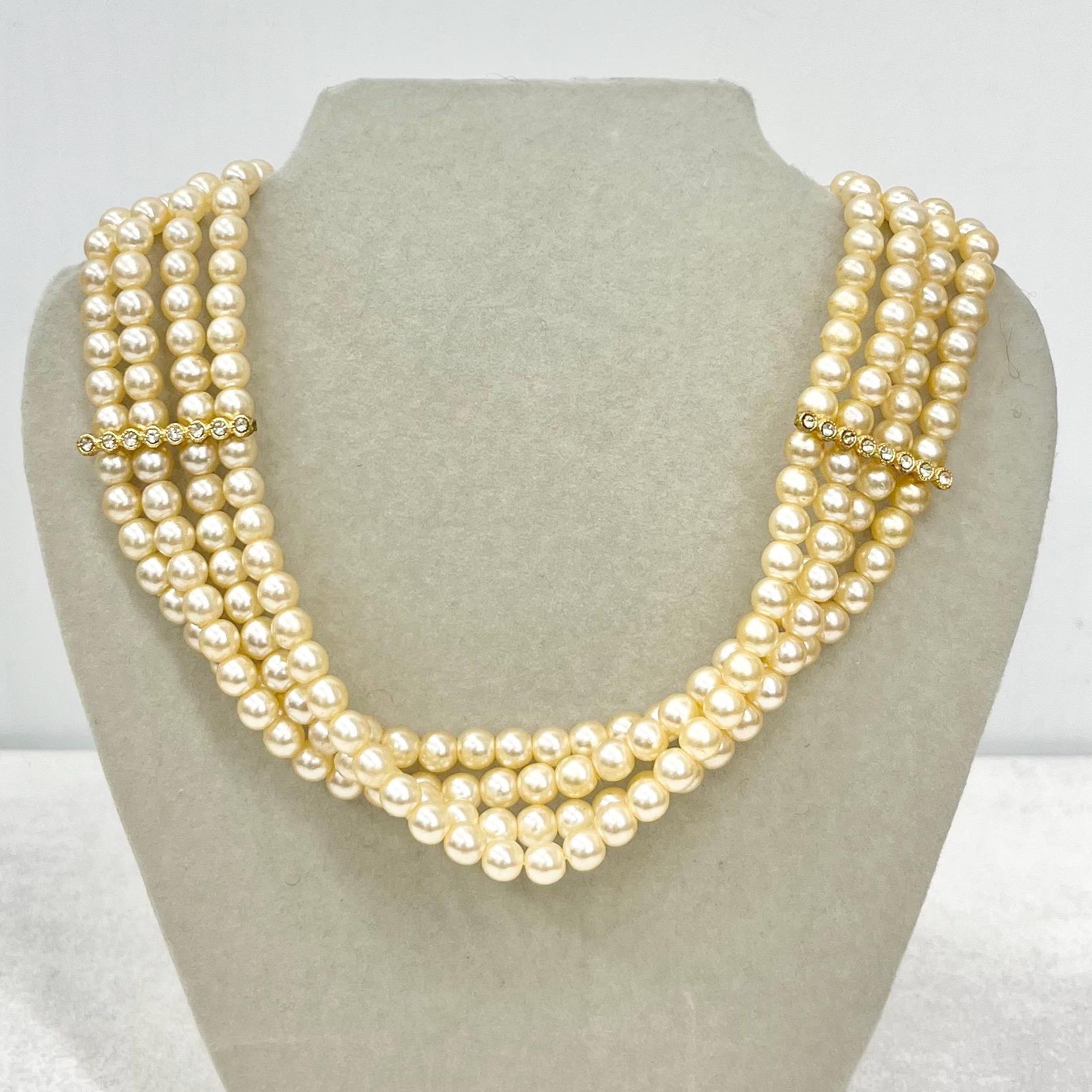 Vintage 1960’s Four Strand Glass Pearl Bead and Crystal Collar Choker Necklace with an Ornate Crystal Clasp 14” Long MillyOliverVintage