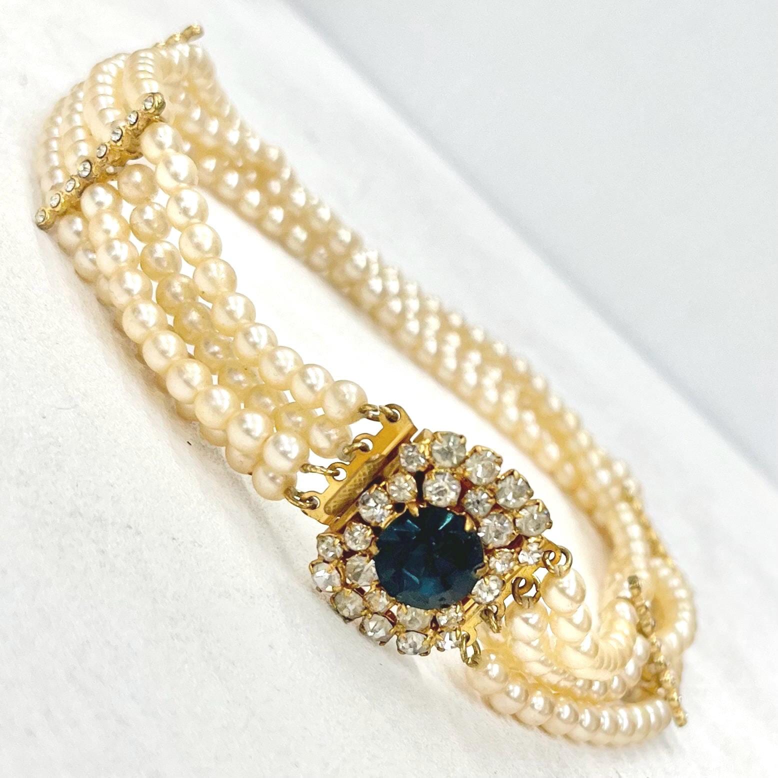 Vintage 1960’s Four Strand Glass Pearl Bead and Crystal Collar Choker Necklace with an Ornate Crystal Clasp 14” Long MillyOliverVintage