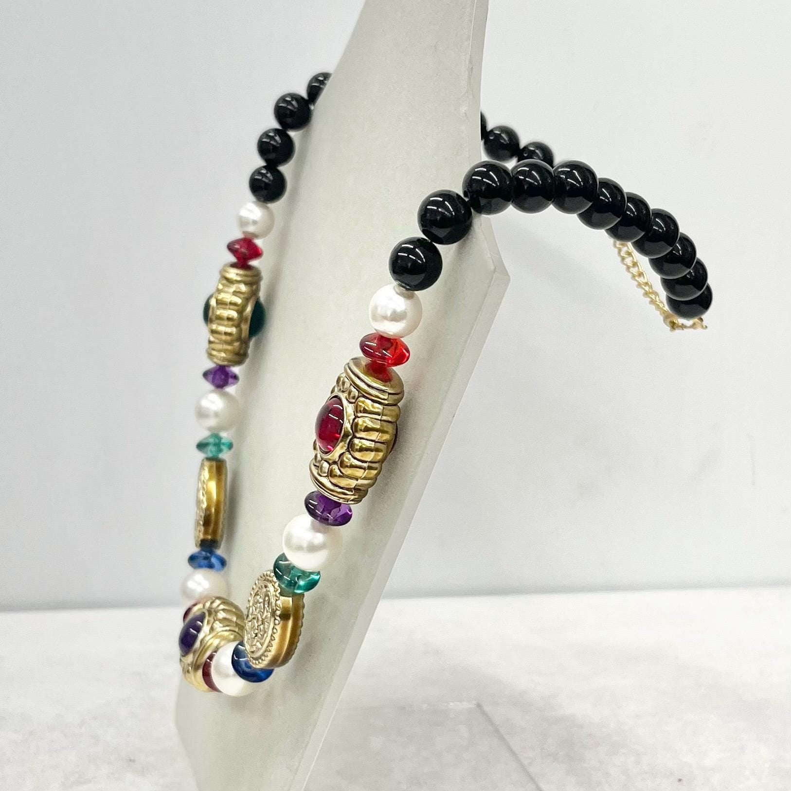 Vintage Chunky Multi Coloured Black & Gold Etruscan Acrylic Bead Necklace Statement Jewellery 19” Long with a 2” Extender Chain MillyOliverVintage