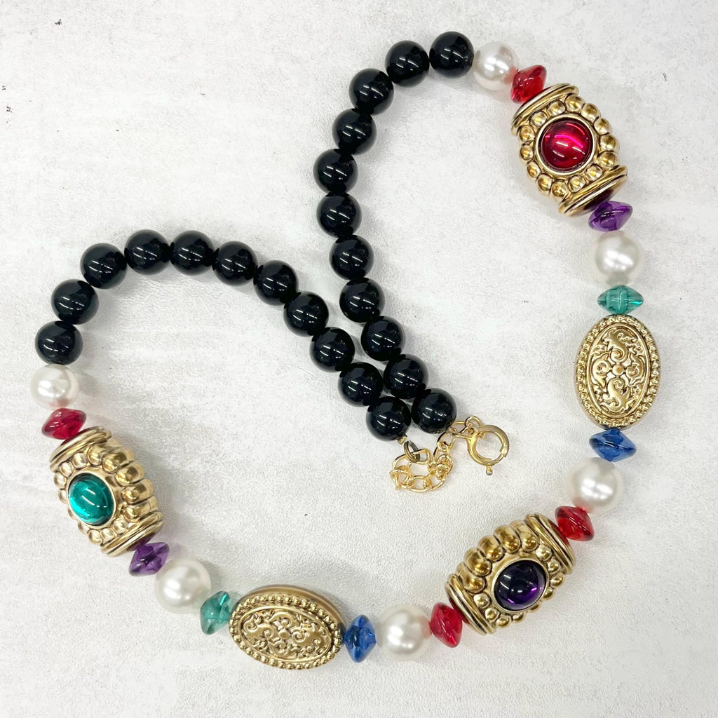 Vintage Chunky Multi Coloured Black & Gold Etruscan Acrylic Bead Necklace Statement Jewellery 19” Long with a 2” Extender Chain MillyOliverVintage