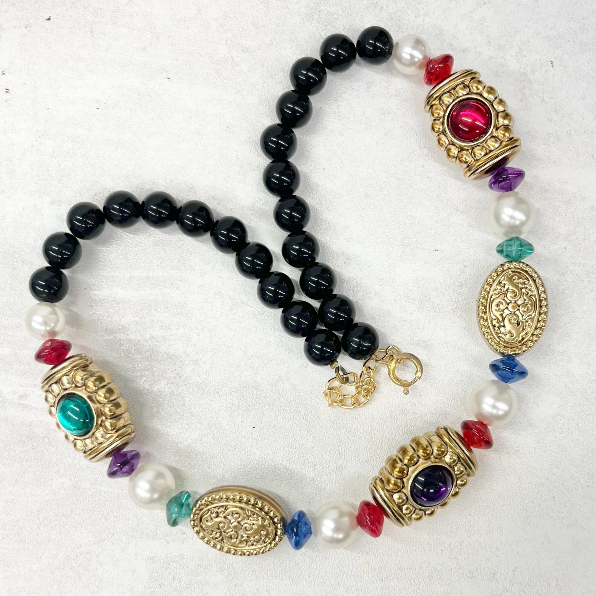 Vintage Chunky Multi Coloured Black & Gold Etruscan Acrylic Bead Necklace Statement Jewellery 19” Long with a 2” Extender Chain MillyOliverVintage
