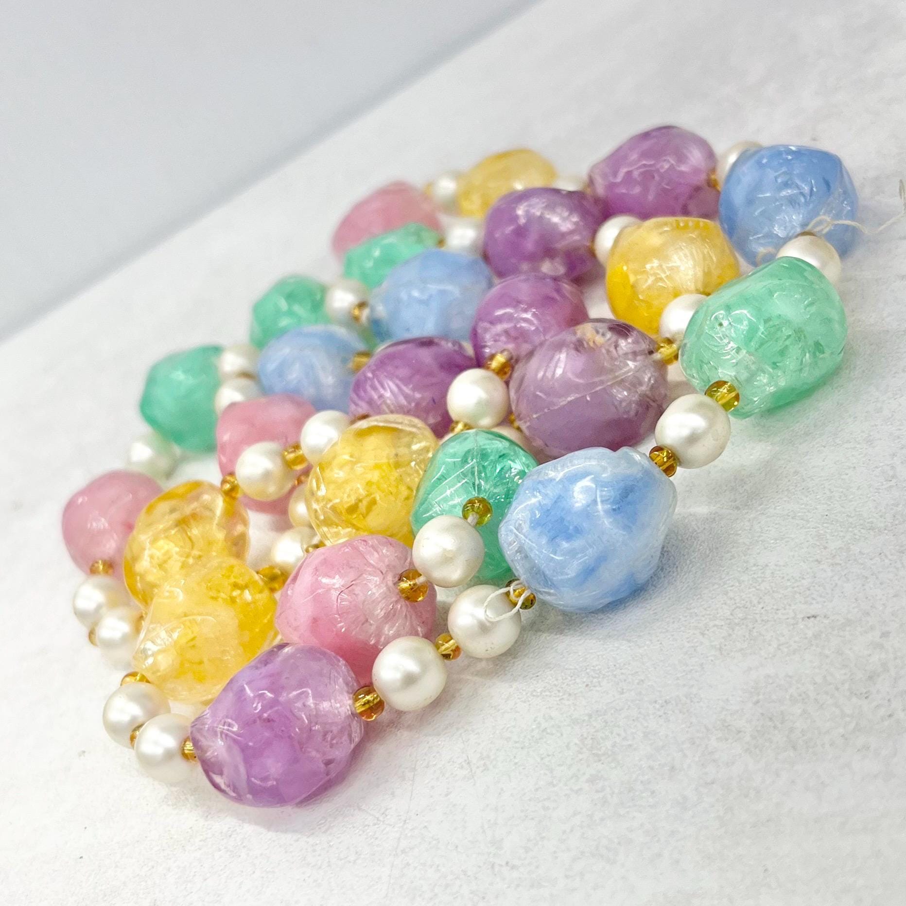 Vintage Multi Coloured Pastel Candy Ice Acrylic Plastic Bead & Faux Pearl Necklace 35” Long Chunky Nugget Beads MillyOliverVintage