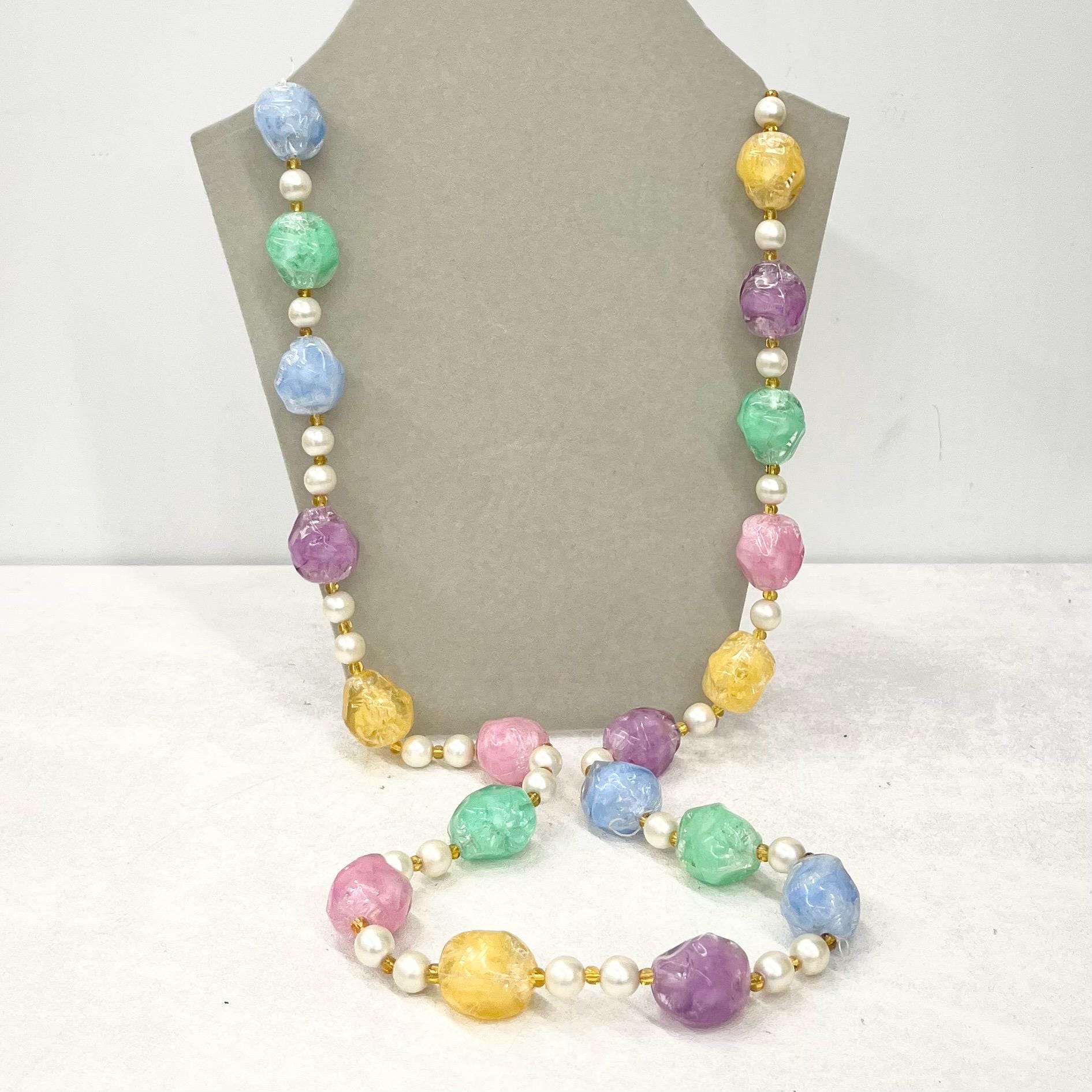 Vintage Multi Coloured Pastel Candy Ice Acrylic Plastic Bead & Faux Pearl Necklace 35” Long Chunky Nugget Beads MillyOliverVintage