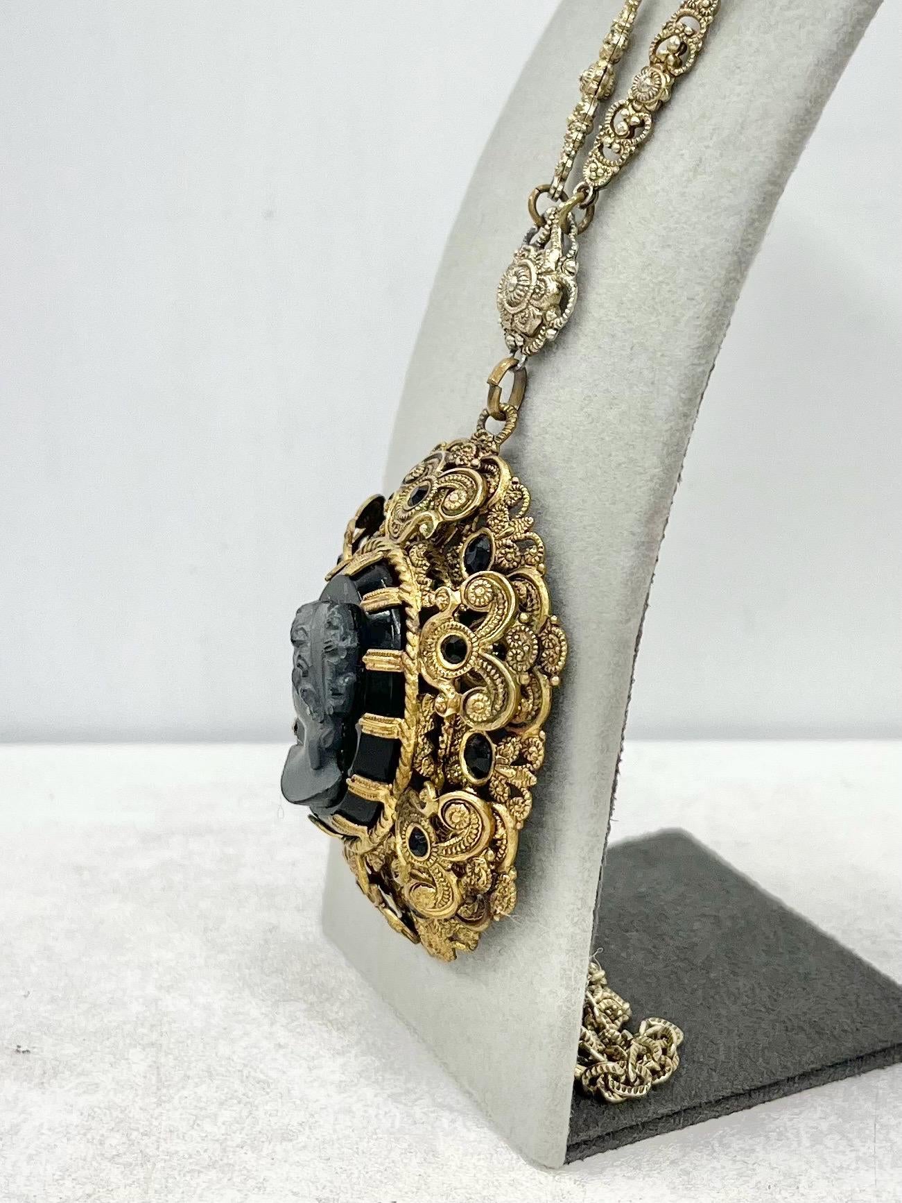 Vintage Victorian Style 1970‘s West German Filigree Brass Stamping Black Cameo Pendant with a 24” Chain MillyOliverVintage