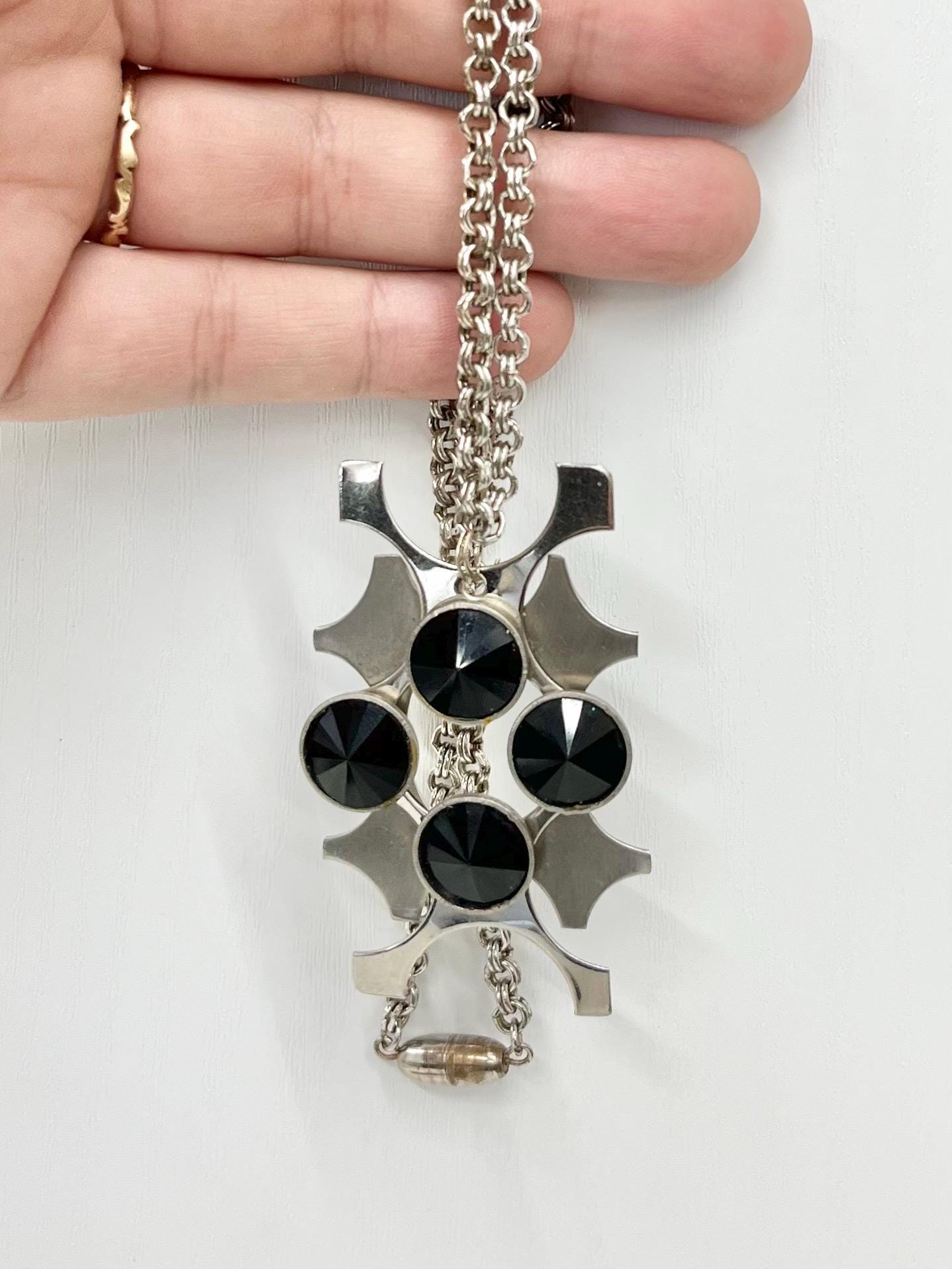 Vintage Modernist Rectangular Stainless Steel 1970’s Pendant Set With Black Rivoli Crystals with a 20” Chain MillyOliverVintage