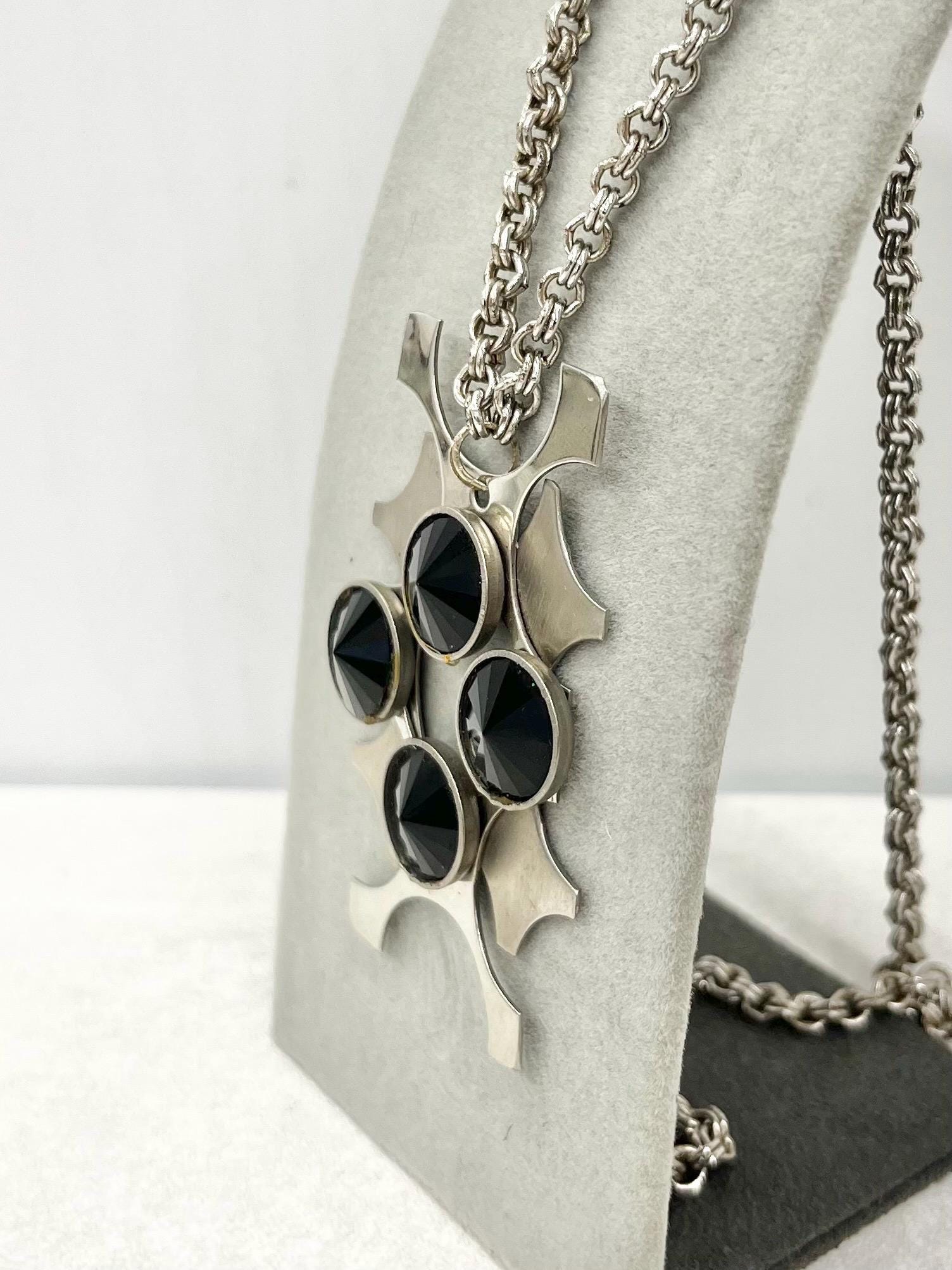 Vintage Modernist Rectangular Stainless Steel 1970’s Pendant Set With Black Rivoli Crystals with a 20” Chain MillyOliverVintage