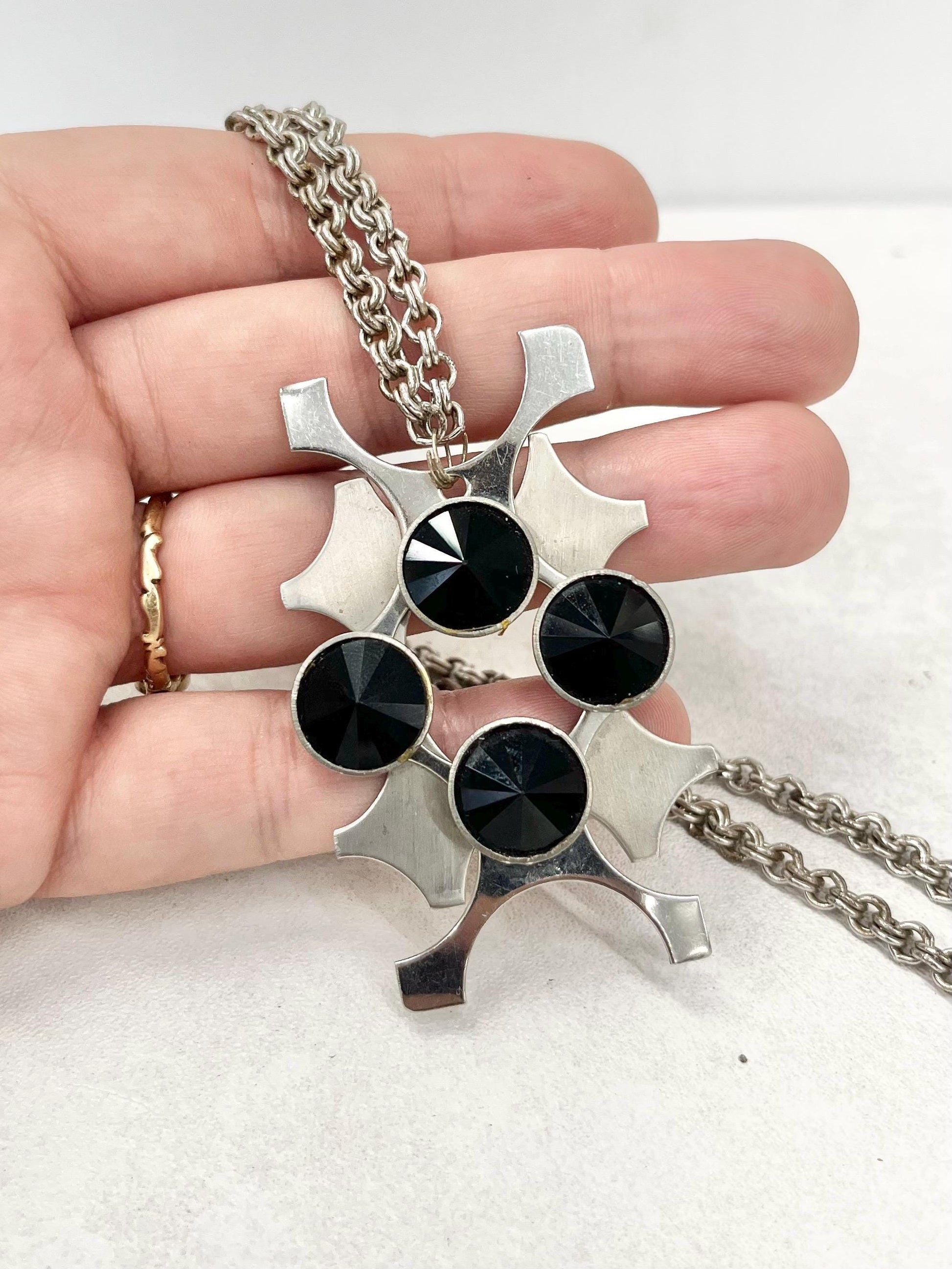 Vintage Modernist Rectangular Stainless Steel 1970’s Pendant Set With Black Rivoli Crystals with a 20” Chain MillyOliverVintage