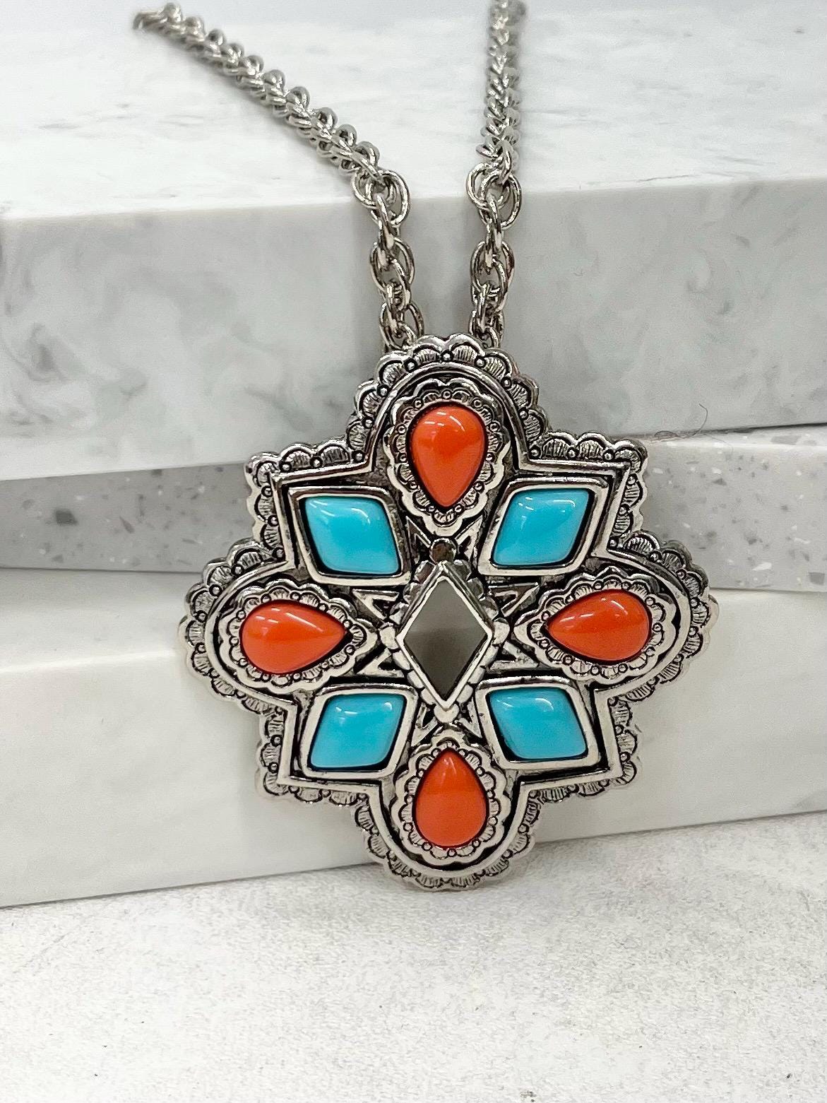 Vintage Avon American Spirit Navajo Style Pendant / Brooch with Faux Coral & Turquoise Stones with a 30” Silver Tone Chain MillyOliverVintage
