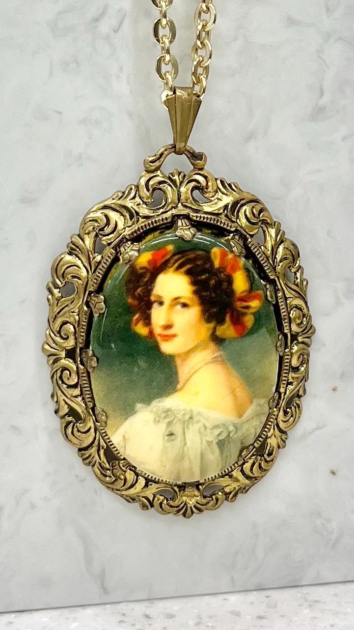 Vintage Victorian Style 1970‘s Filigree Stamping Female Portrait Cameo Pendant with a 30” Chain MillyOliverVintage