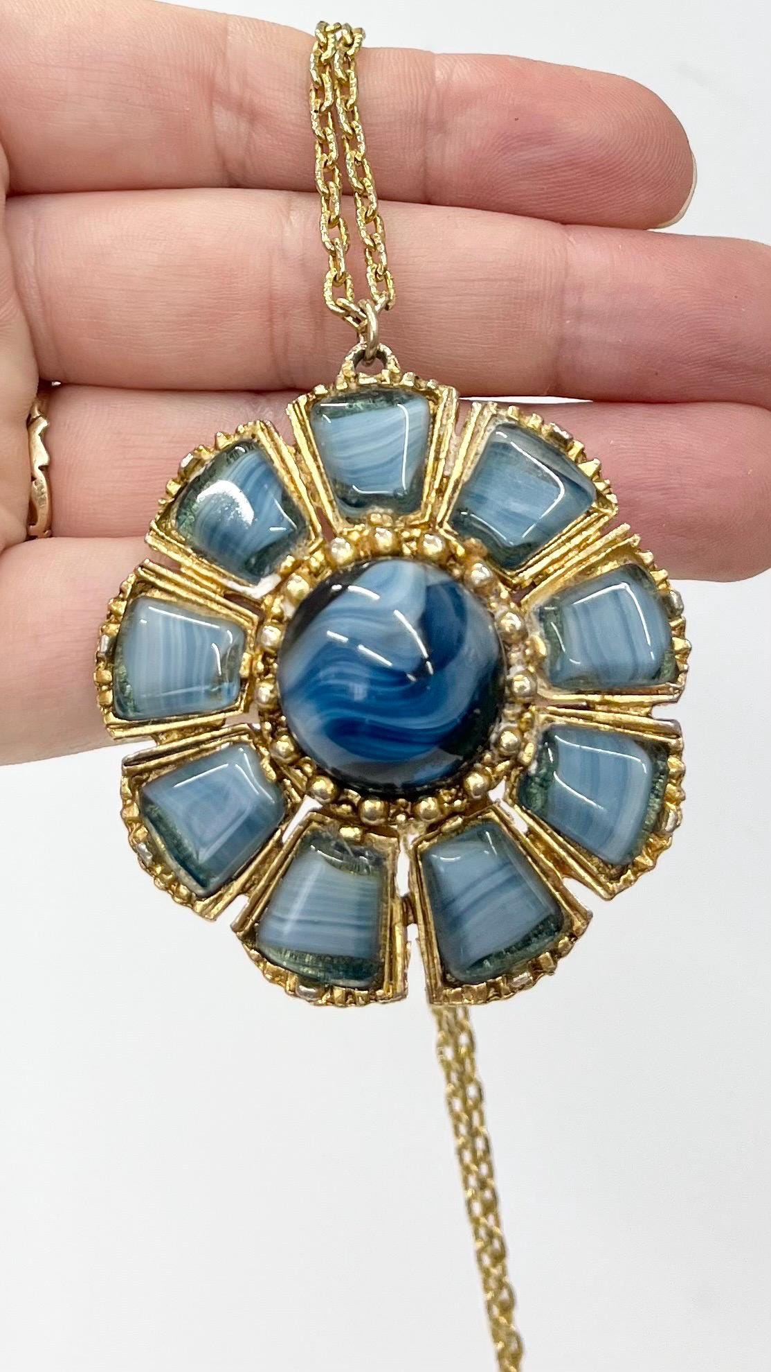 Vintage Celtic Scottish Style 1970‘s Blue Glass Striped Agate Gold Tond Pendant with a 28” Chain MillyOliverVintage