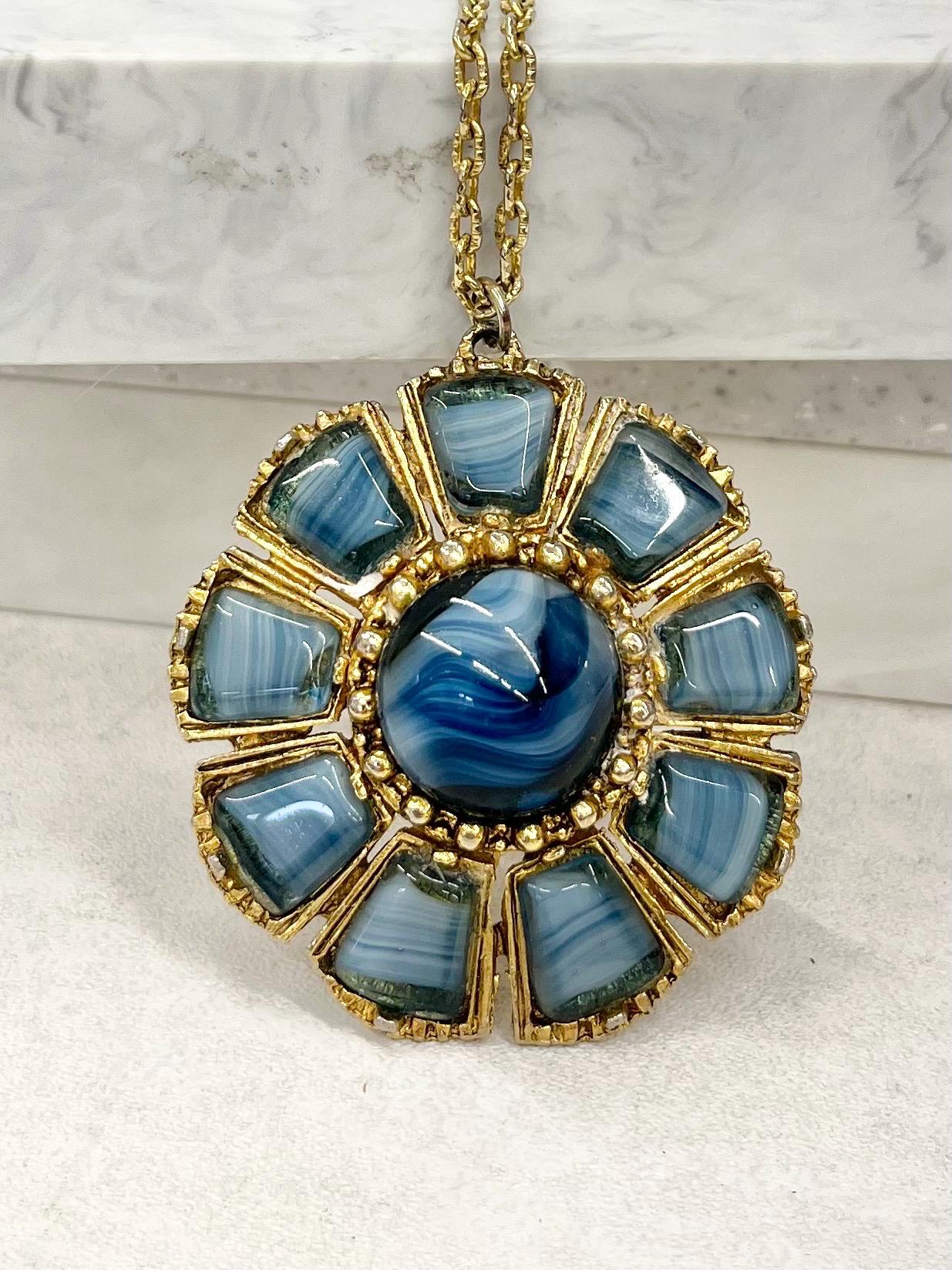 Vintage Celtic Scottish Style 1970‘s Blue Glass Striped Agate Gold Tond Pendant with a 28” Chain MillyOliverVintage