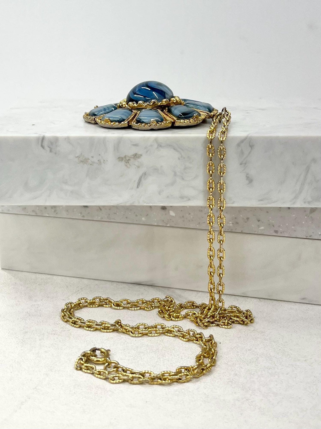 Vintage Celtic Scottish Style 1970‘s Blue Glass Striped Agate Gold Tond Pendant with a 28” Chain MillyOliverVintage