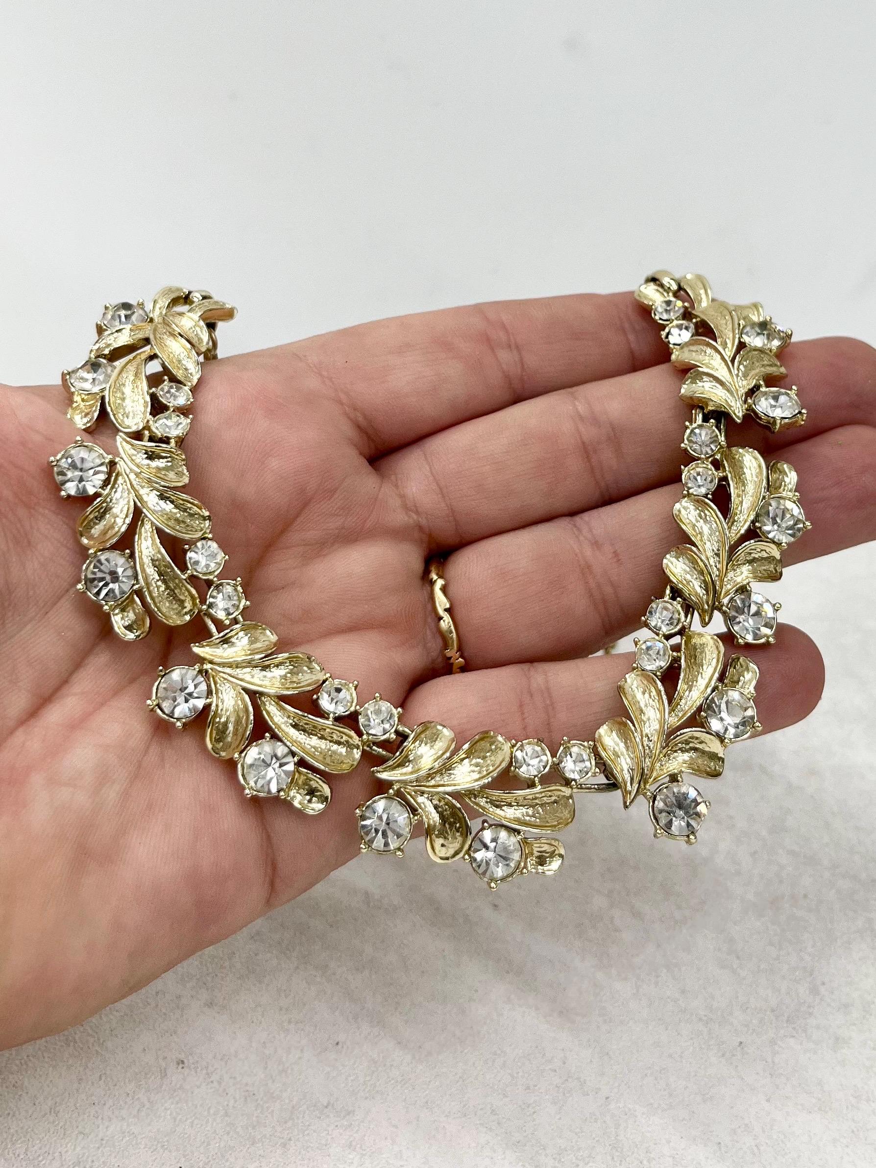 Vintage Leafy Design Gold Tone Choker Chain Necklace with Sparkling Clear Crystals Excellent Quality Vintage Jewellery 17” Long MillyOliverVintage
