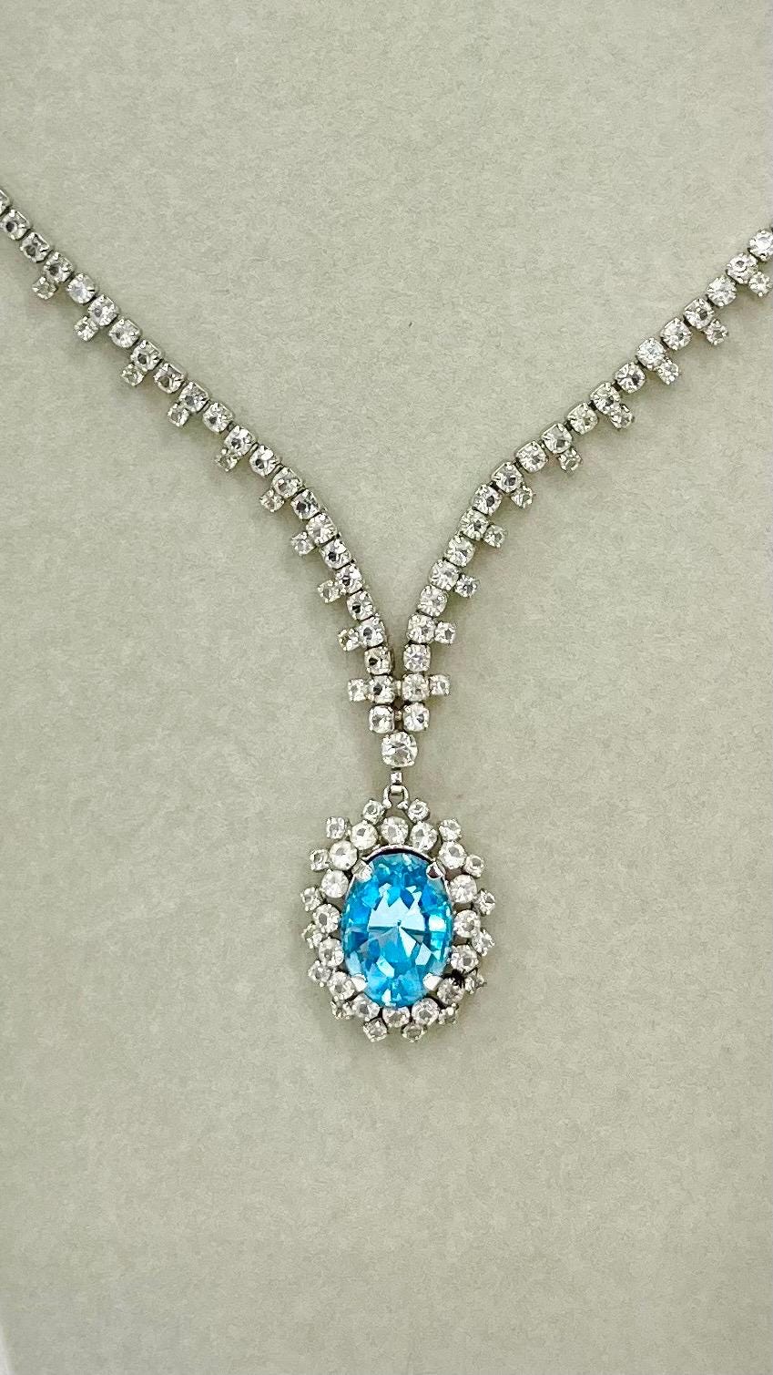 Vintage Aquamarine Blue Drop Faceted Glass Crystal Chain Necklace Excellent Quality Crystals Vintage Jewellery 16” Long with a 3” Extender MillyOliverVintage