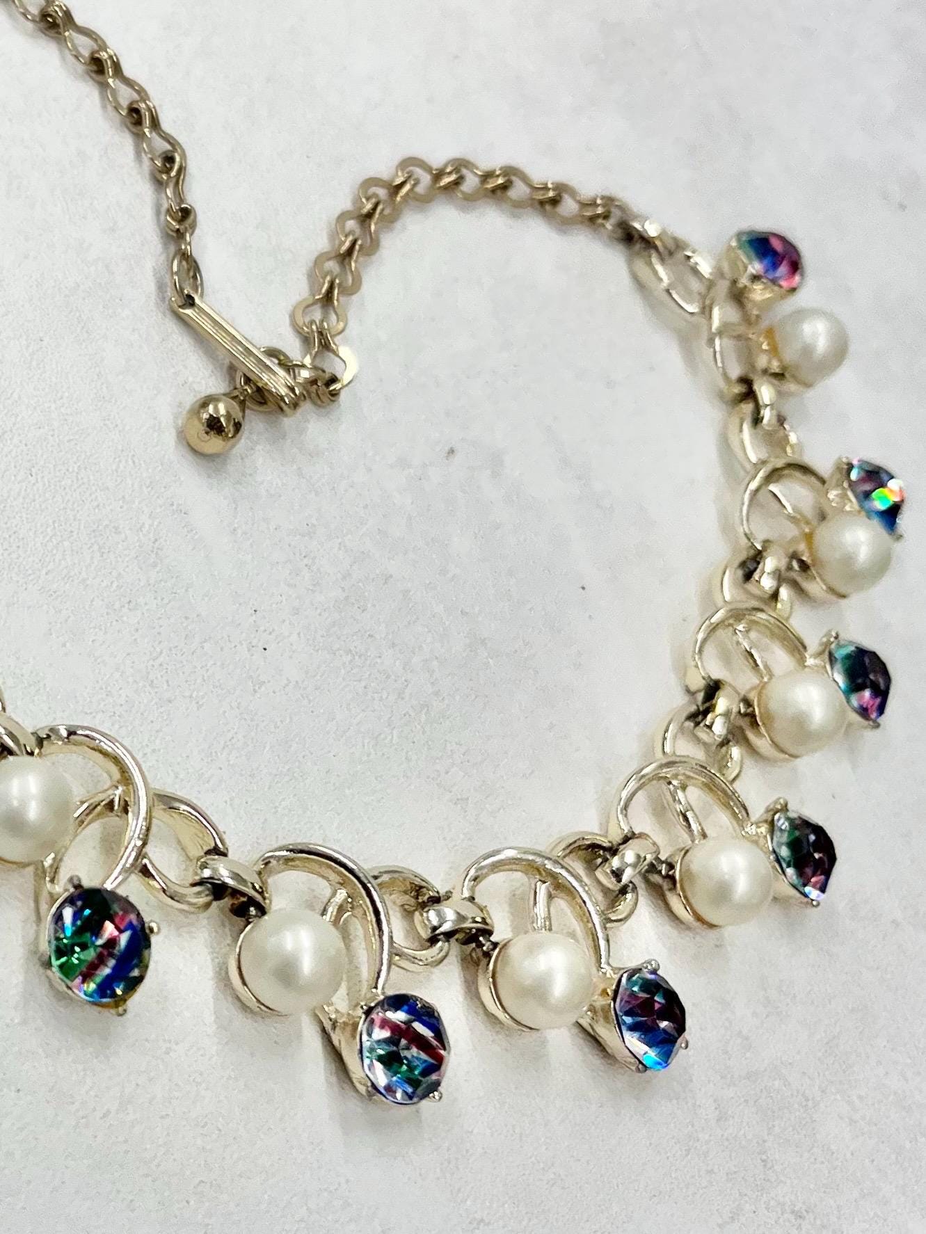 Vintage 1960’s Czech Rainbow Iris Crystal & White Glass Pearl Necklace Choker Excellent Quality Vintage Jewellery 13” with a 4” Extender MillyOliverVintage