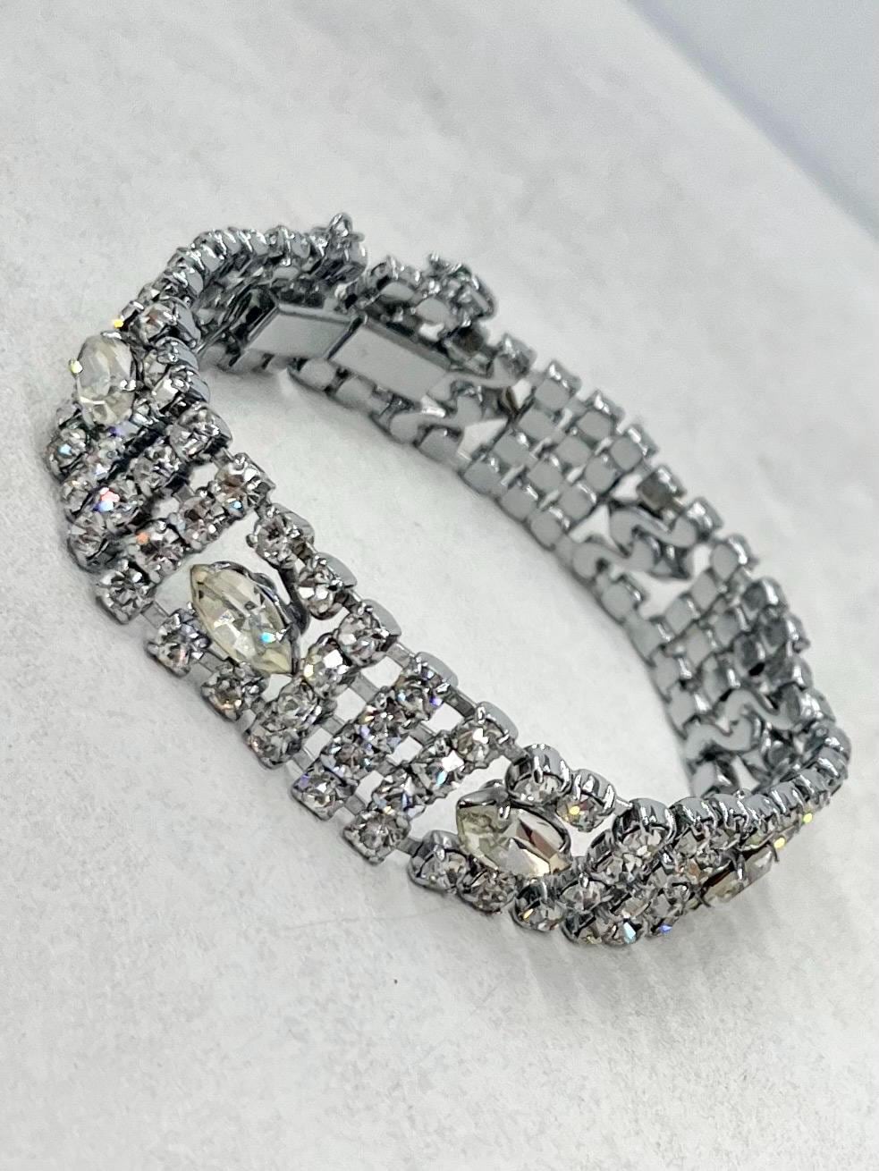 Vintage Silver Plate 1970’s Clear Crystal Paste Marquise Set Wide Bracelet with Safety Chain Power Dressing Costume Jewellery MillyOliverVintage