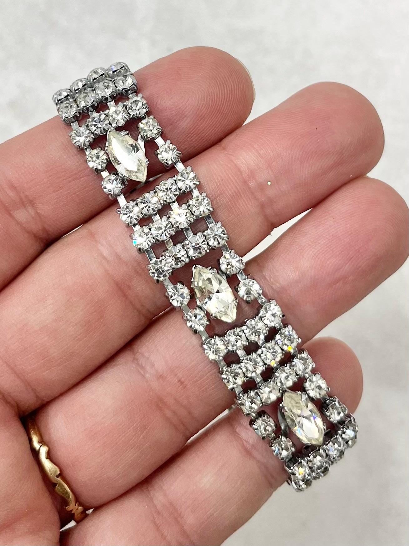 Vintage Silver Plate 1970’s Clear Crystal Paste Marquise Set Wide Bracelet with Safety Chain Power Dressing Costume Jewellery MillyOliverVintage