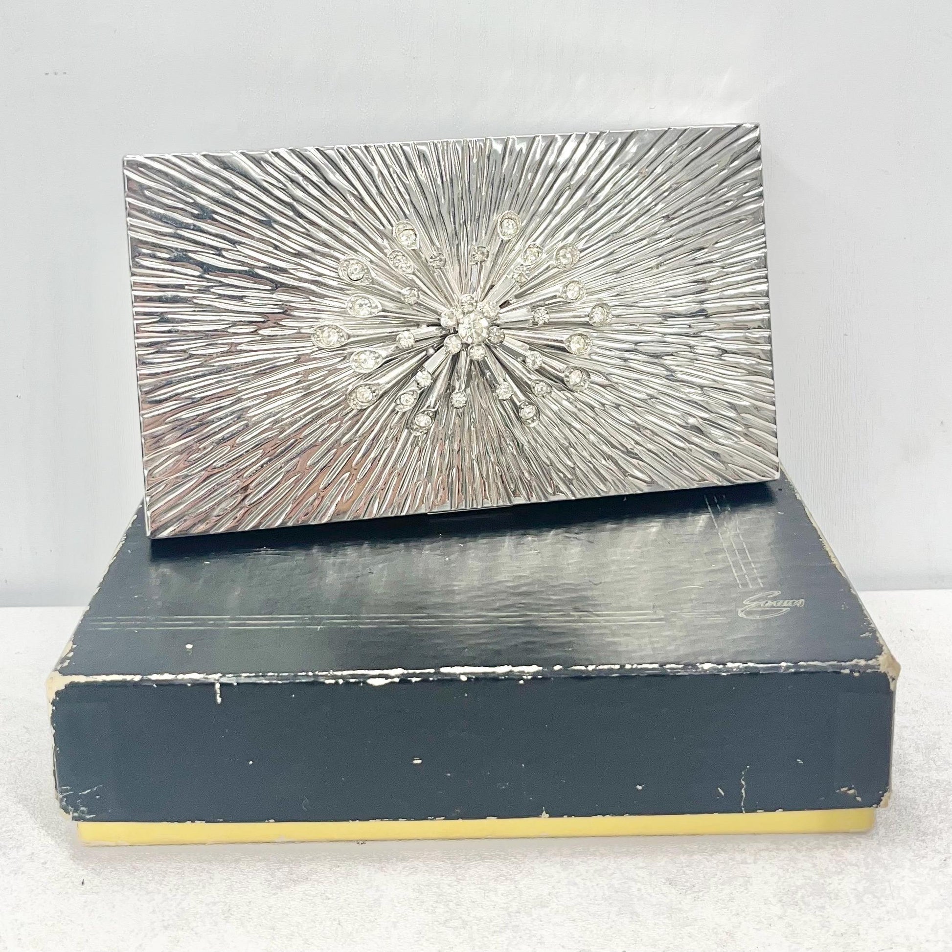 Vintage 1950’s 1960’s Evans Starburst Chrome Plate Cigarette Case with Starburst Crystal Diamante Detail Complete with Box & Pouch TheGreenGlassGemShop