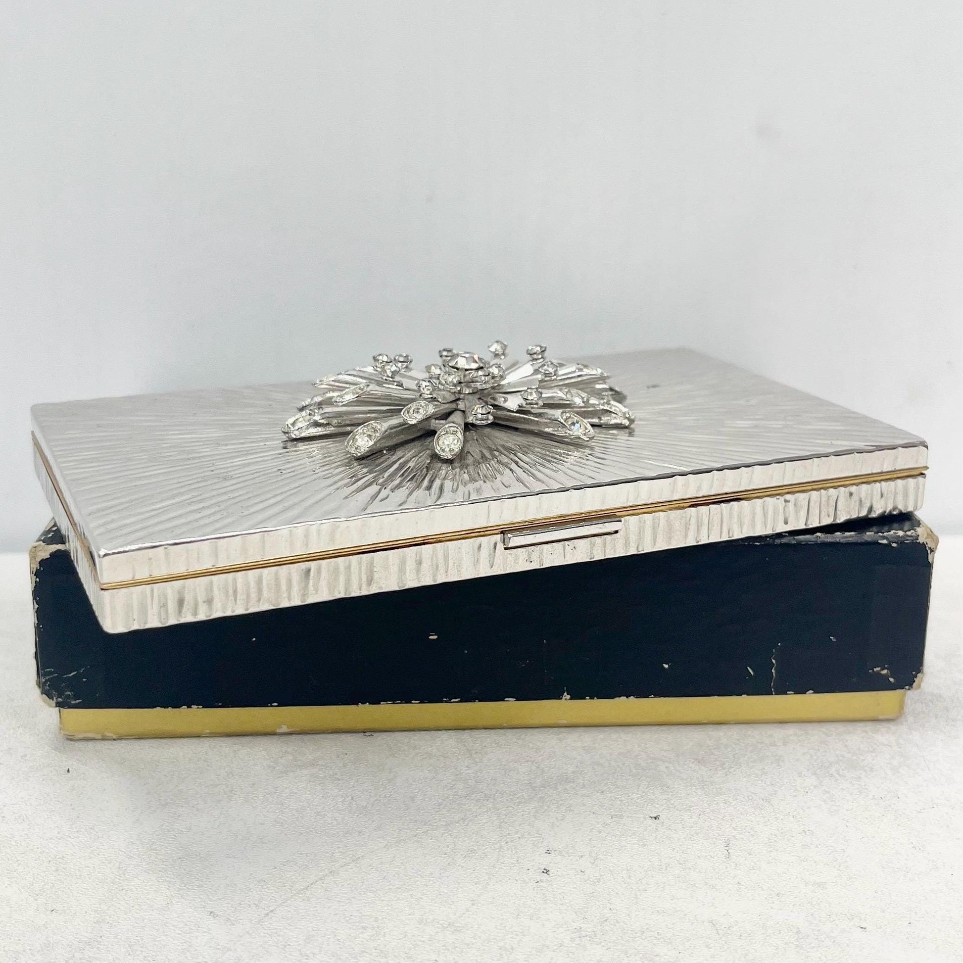 Vintage 1950’s 1960’s Evans Starburst Chrome Plate Cigarette Case with Starburst Crystal Diamante Detail Complete with Box & Pouch TheGreenGlassGemShop