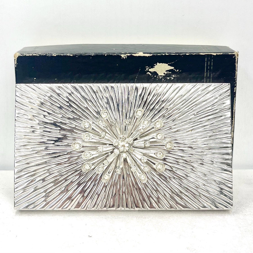 Vintage 1950’s 1960’s Evans Starburst Chrome Plate Cigarette Case with Starburst Crystal Diamante Detail Complete with Box & Pouch TheGreenGlassGemShop