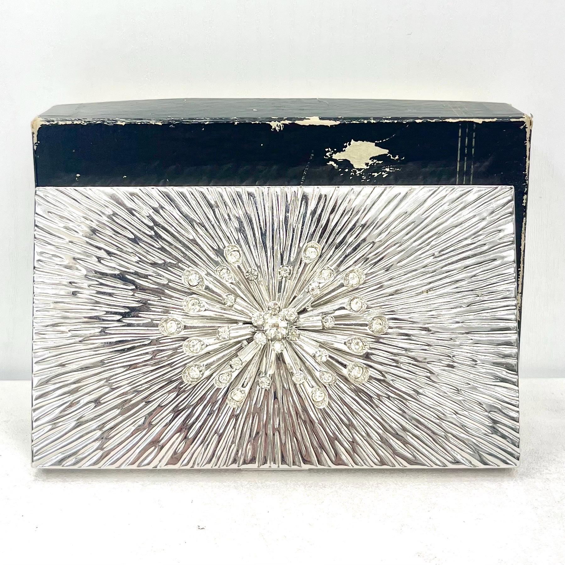 Vintage 1950’s 1960’s Evans Starburst Chrome Plate Cigarette Case with Starburst Crystal Diamante Detail Complete with Box & Pouch TheGreenGlassGemShop