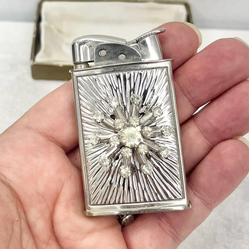 Vintage 1950’s 1960’s Evans Starburst Chrome Plate Cigarette Lighter with Starburst Crystal Diamante Detail TheGreenGlassGemShop