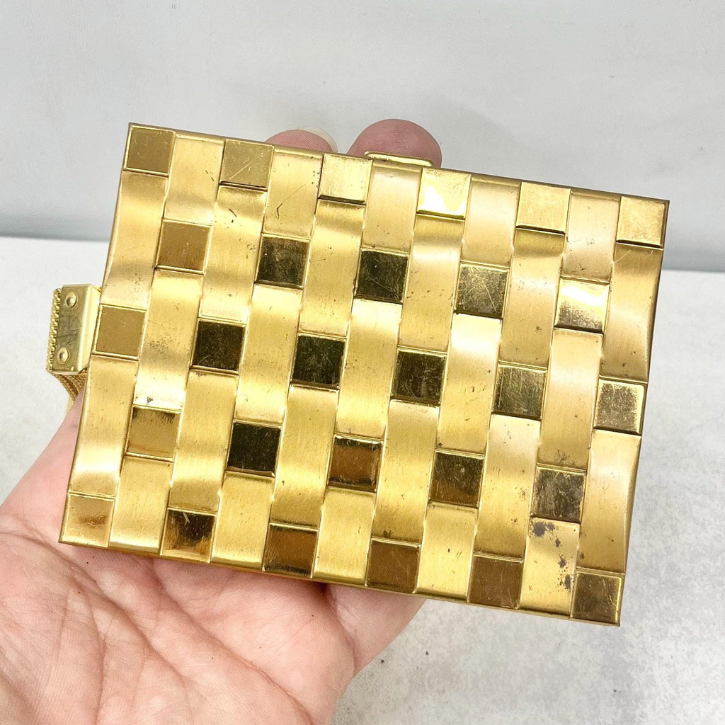 Vintage 1950’s 1960’s Gold Tone Basket Weave Compact Vanity Case with Mirror Powder Compact Comb Pouch & Handle TheGreenGlassGemShop