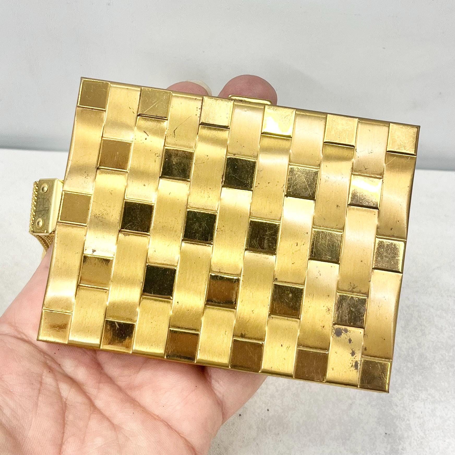 Vintage 1950’s 1960’s Gold Tone Basket Weave Compact Vanity Case with Mirror Powder Compact Comb Pouch & Handle TheGreenGlassGemShop