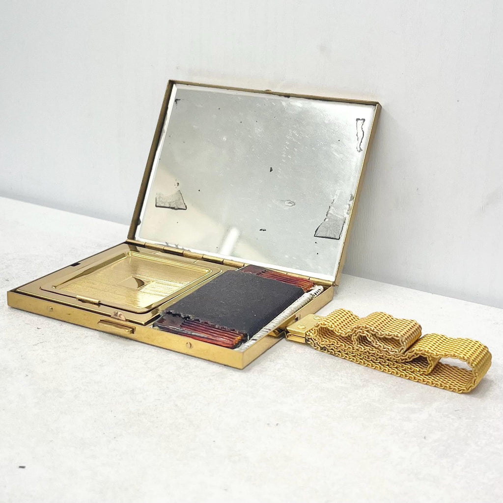 Vintage 1950’s 1960’s Gold Tone Basket Weave Compact Vanity Case with Mirror Powder Compact Comb Pouch & Handle TheGreenGlassGemShop