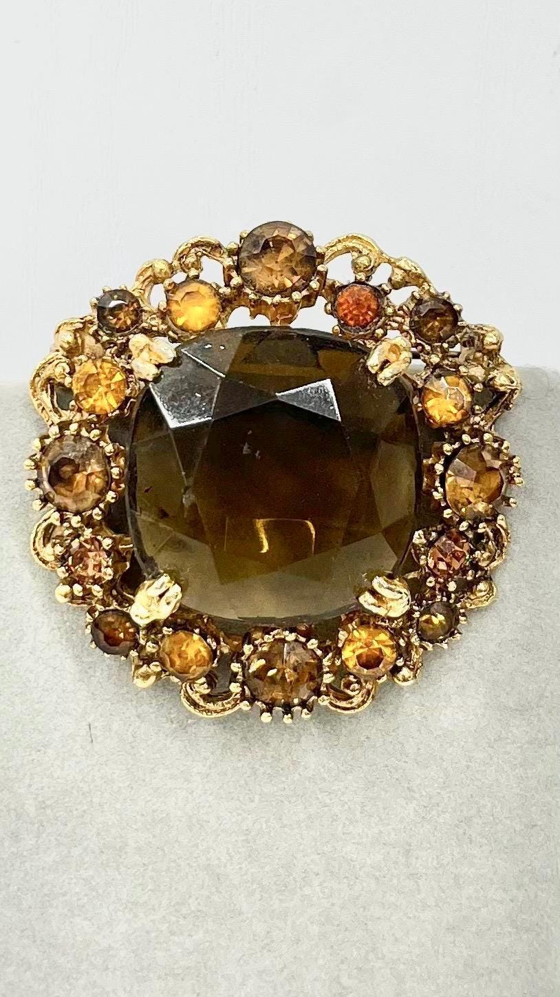 Vintage Large Autumnal Glass Crystal Statement Brooch in a Gold Tone Setting Exceptional Quality Vintage Brooch in Tones of Brown & Gold MillyOliverVintage