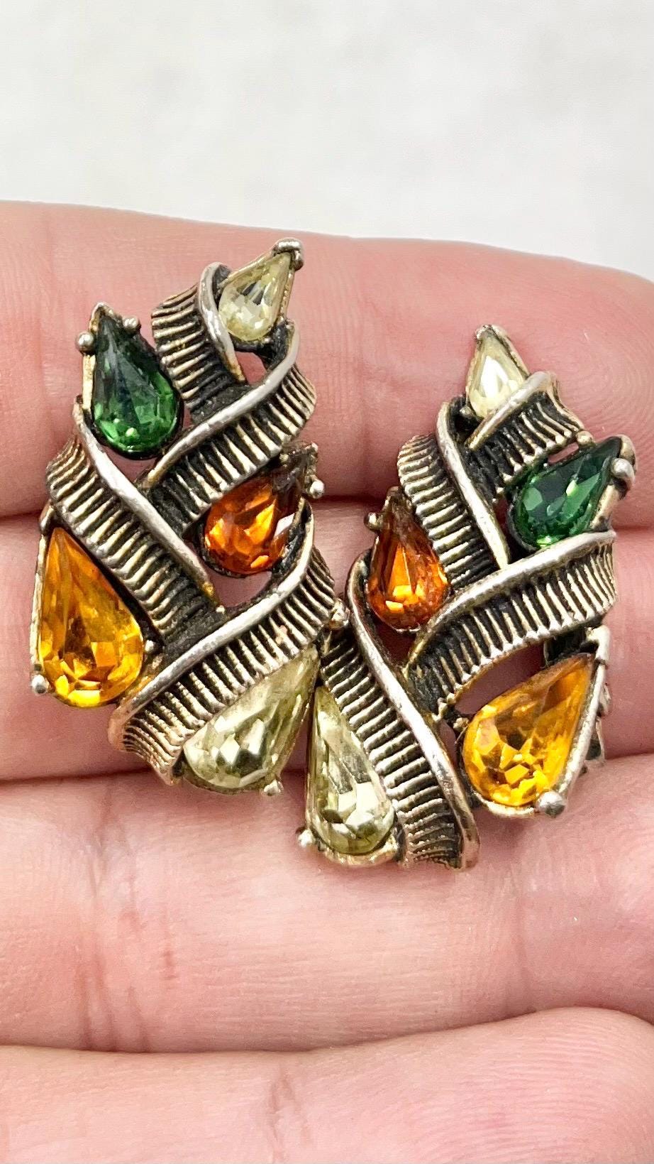Vintage Jewelcraft Autumnal Crystal Glass Clip On Earrings with Sparkling Green Brown Yellow Crystal Accents Excellent Quality MillyOliverVintage