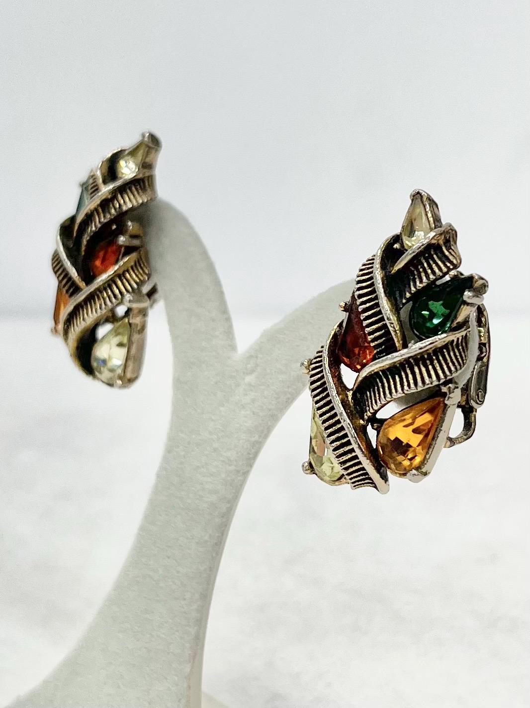 Vintage Jewelcraft Autumnal Crystal Glass Clip On Earrings with Sparkling Green Brown Yellow Crystal Accents Excellent Quality MillyOliverVintage