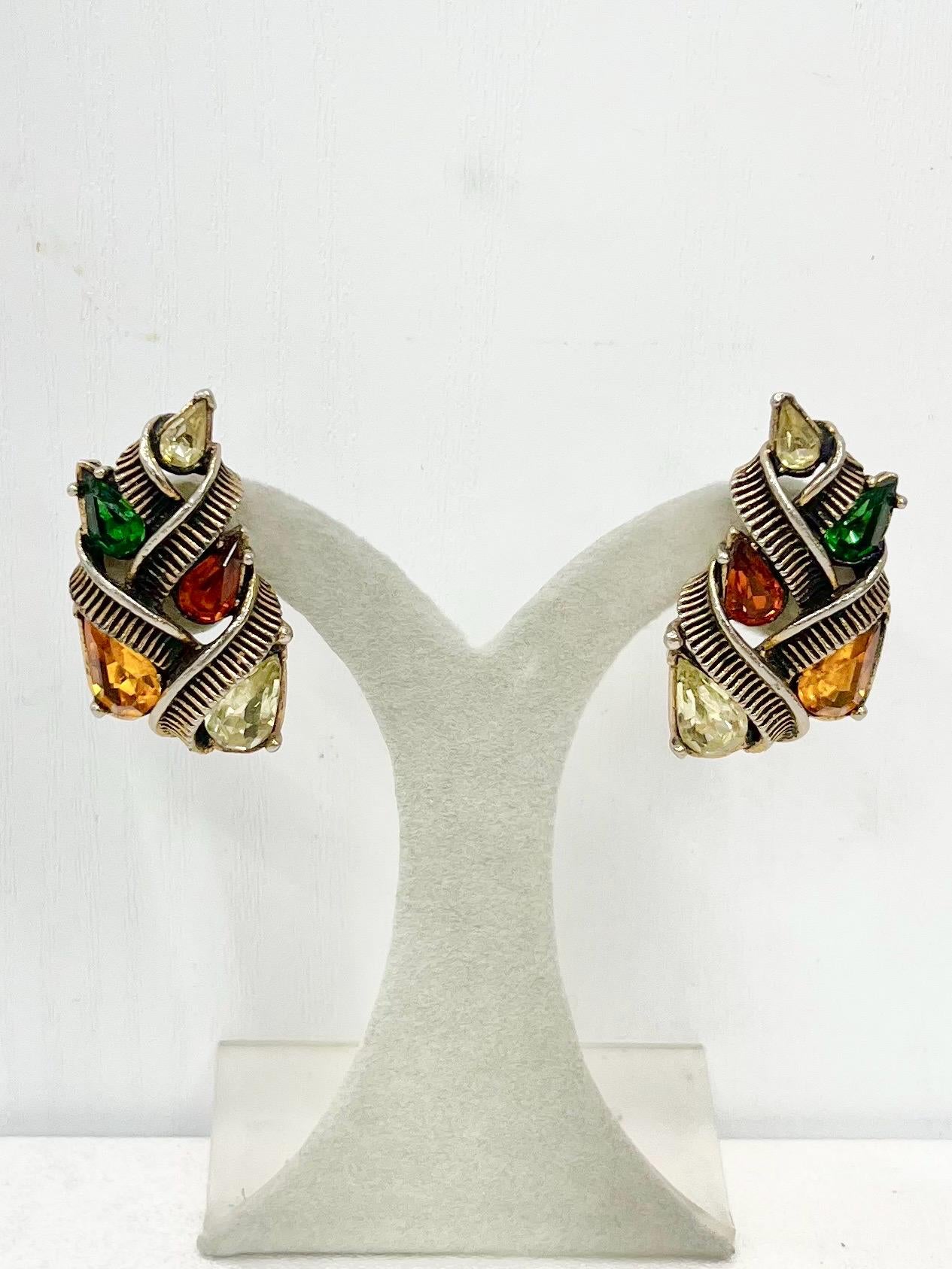 Vintage Jewelcraft Autumnal Crystal Glass Clip On Earrings with Sparkling Green Brown Yellow Crystal Accents Excellent Quality MillyOliverVintage