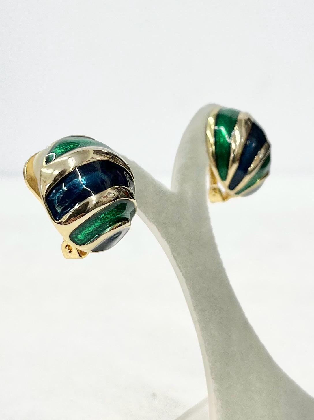 Vintage Enamel Clip On Earrings Navy Blue & Green in a Gold Tone Setting 1980’s - 1990’s MillyOliverVintage