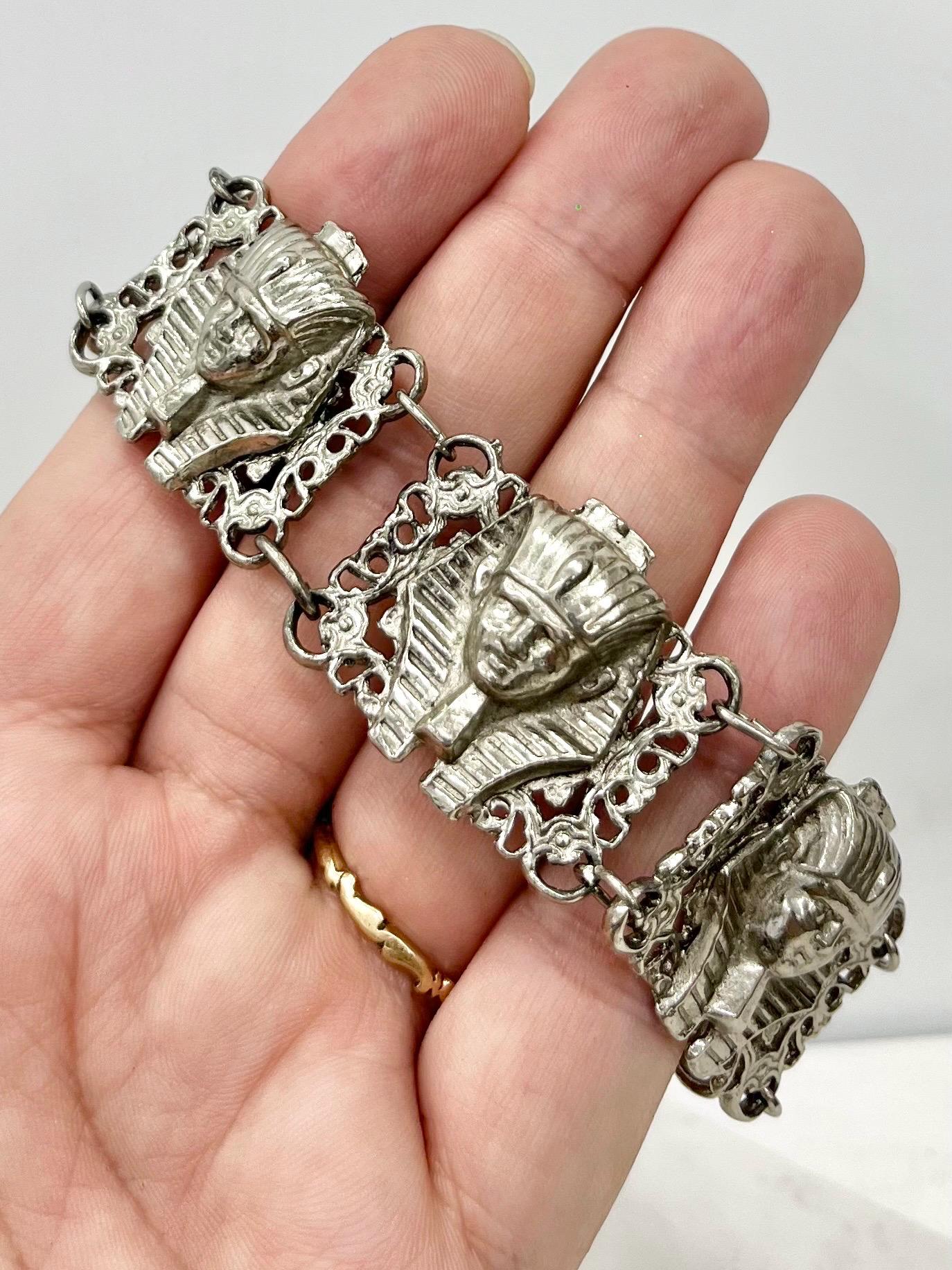 Vintage Silver Plate 1960’s 1970’s Wide Tutankhamun Egyptian Revival Bracelet with Costume Jewellery 7.5” MillyOliverVintage