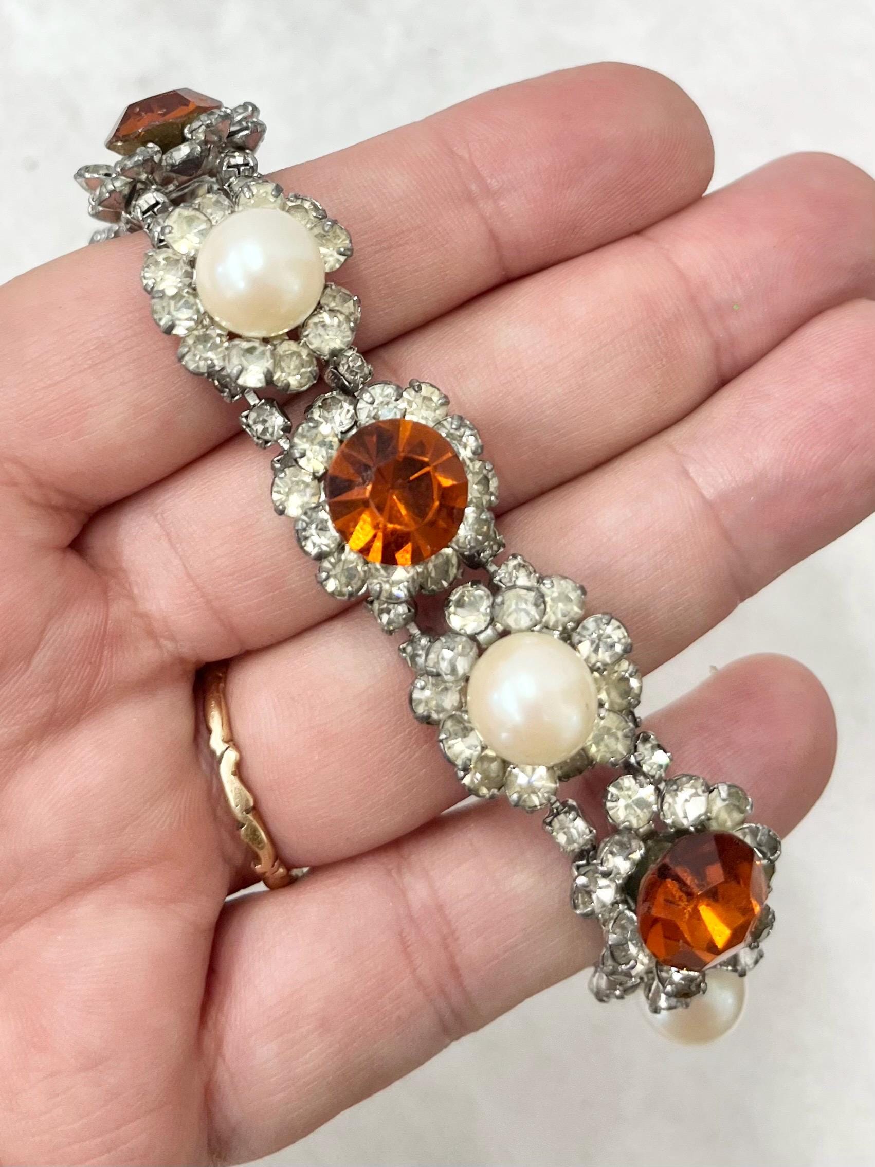 Vintage 1950’s Exquisite Orange & Clear Austrian Crystal Floral Cluster Statement Bracelet with Glass Pearl Accents Costume Jewellery 7.25” MillyOliverVintage